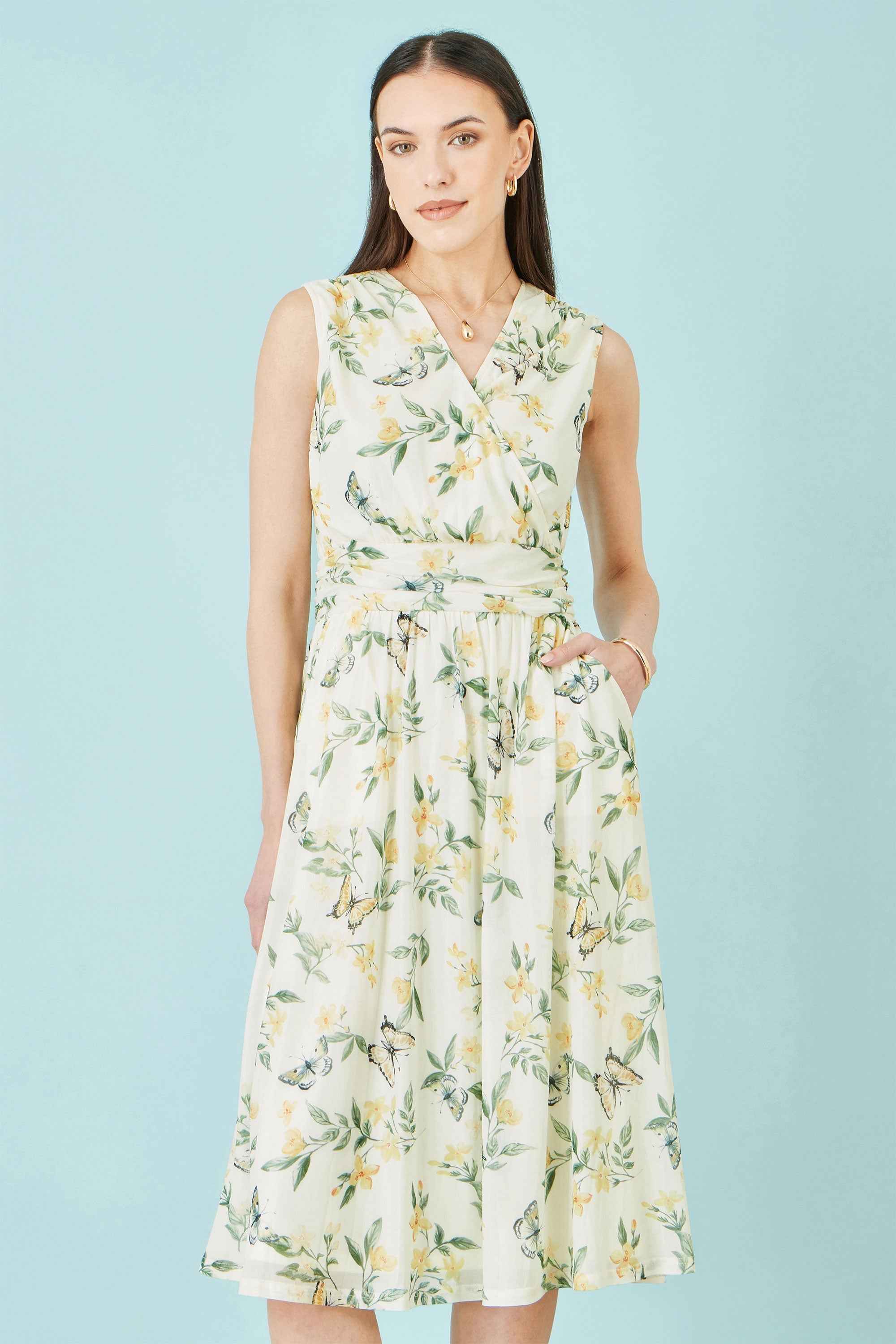 Yumi White Floral Print Mesh Stretch Midi Dress With Pockets