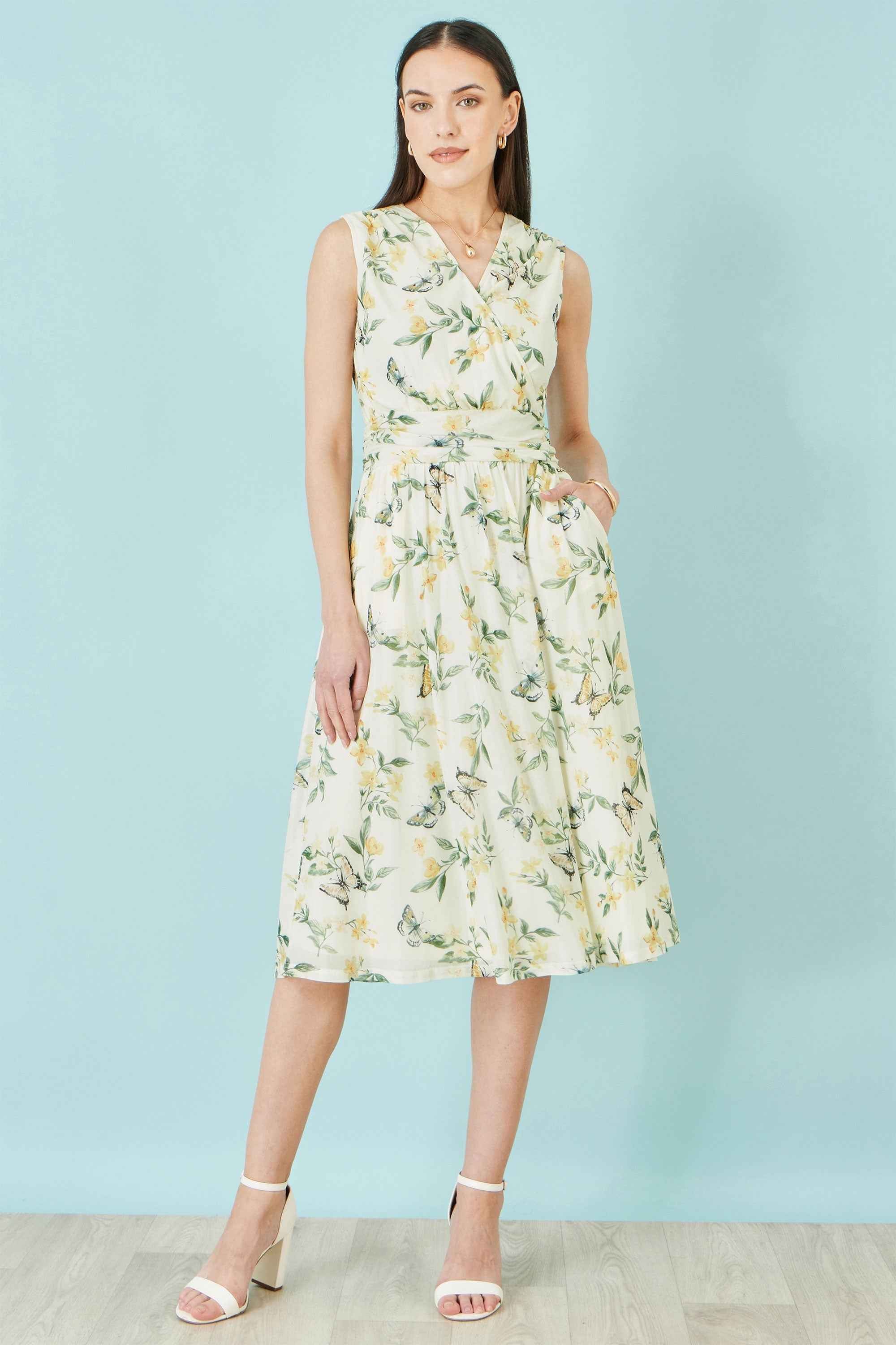Yumi White Floral Print Mesh Stretch Midi Dress With Pockets