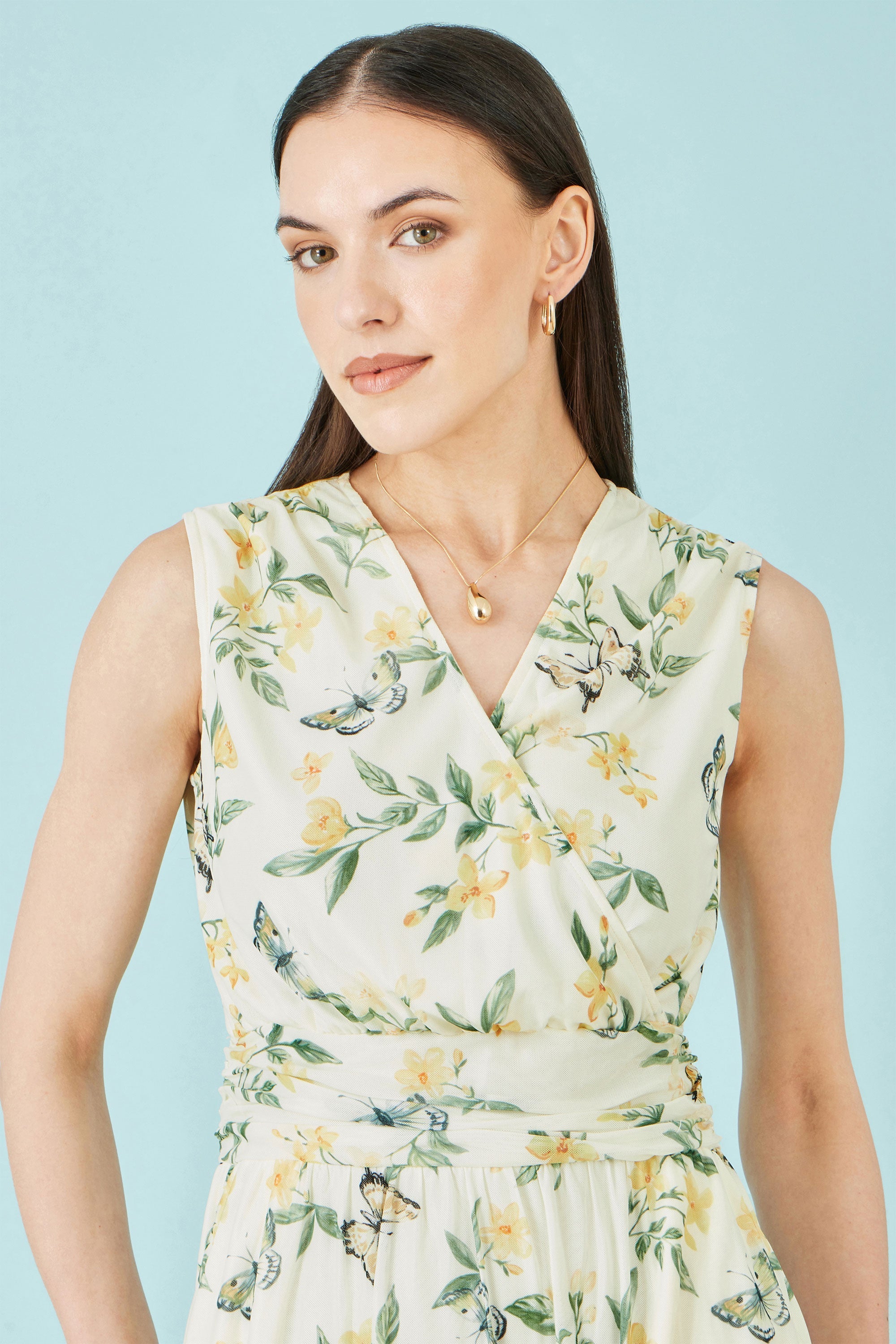 Yumi White Floral Print Mesh Stretch Midi Dress With Pockets