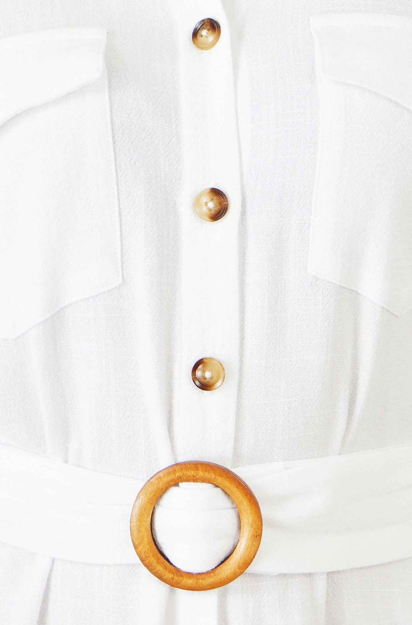 Yumi White Viscose Linen Look Midi Shirt Dress With Wooden Belt