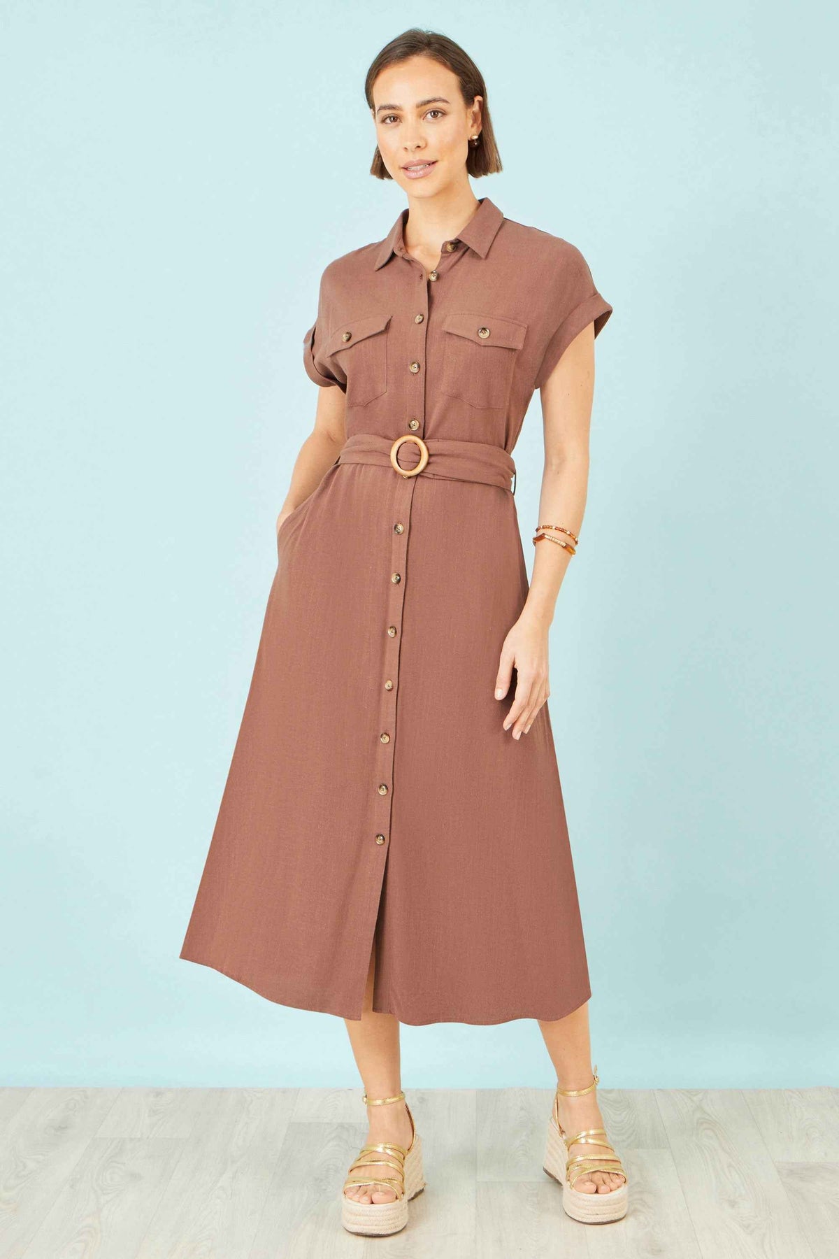 Yumi Brown Viscose Linen Look Midi Shirt Dress With Wooden Belt