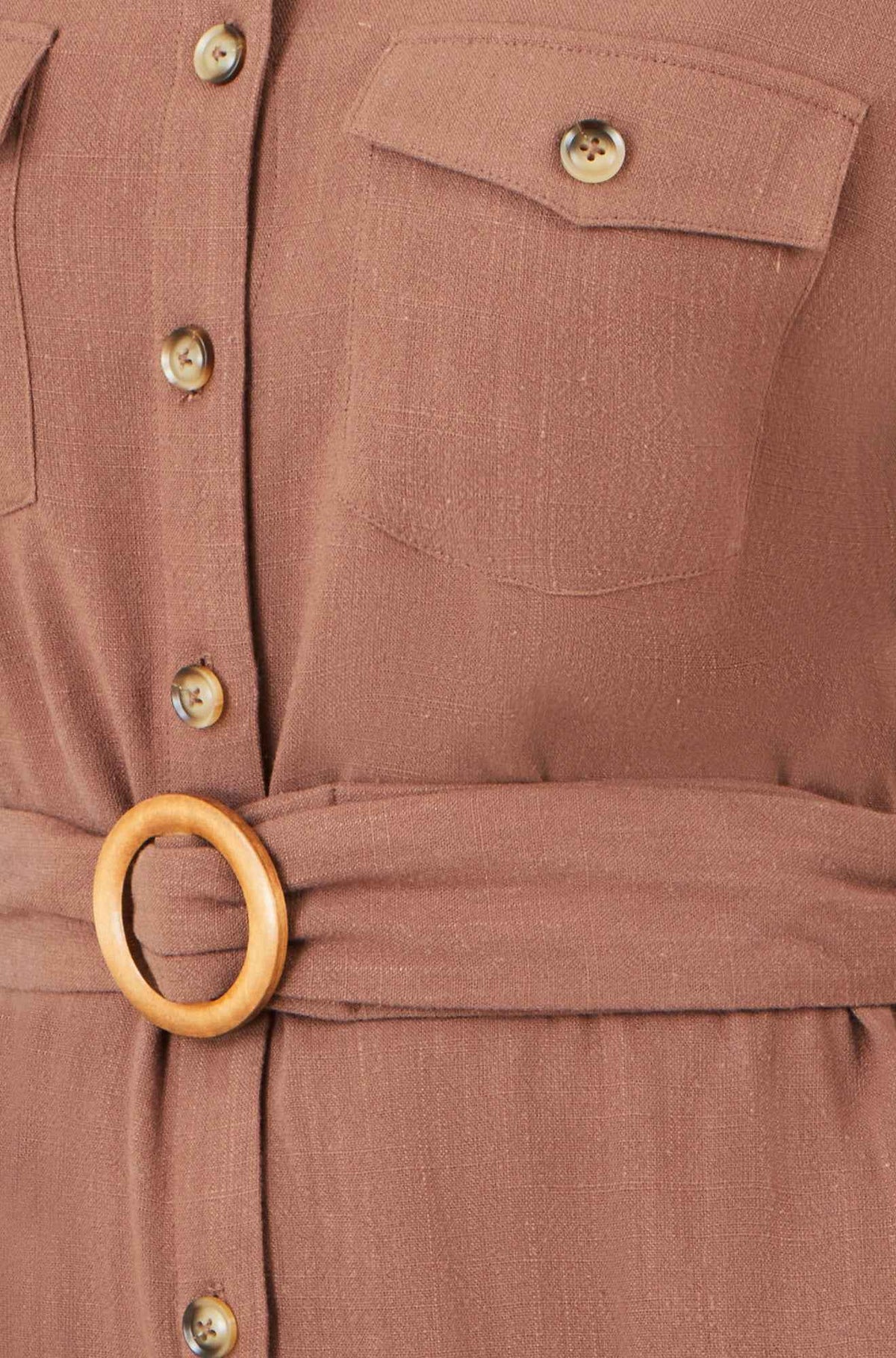 Yumi Brown Viscose Linen Look Midi Shirt Dress With Wooden Belt