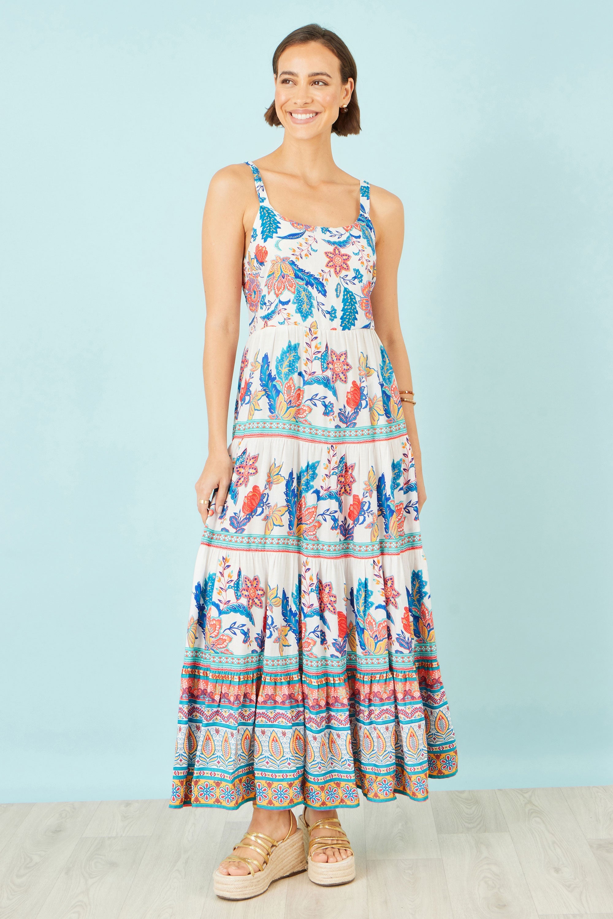 Yumi Blue Boho Block Print Tiered Maxi Dress