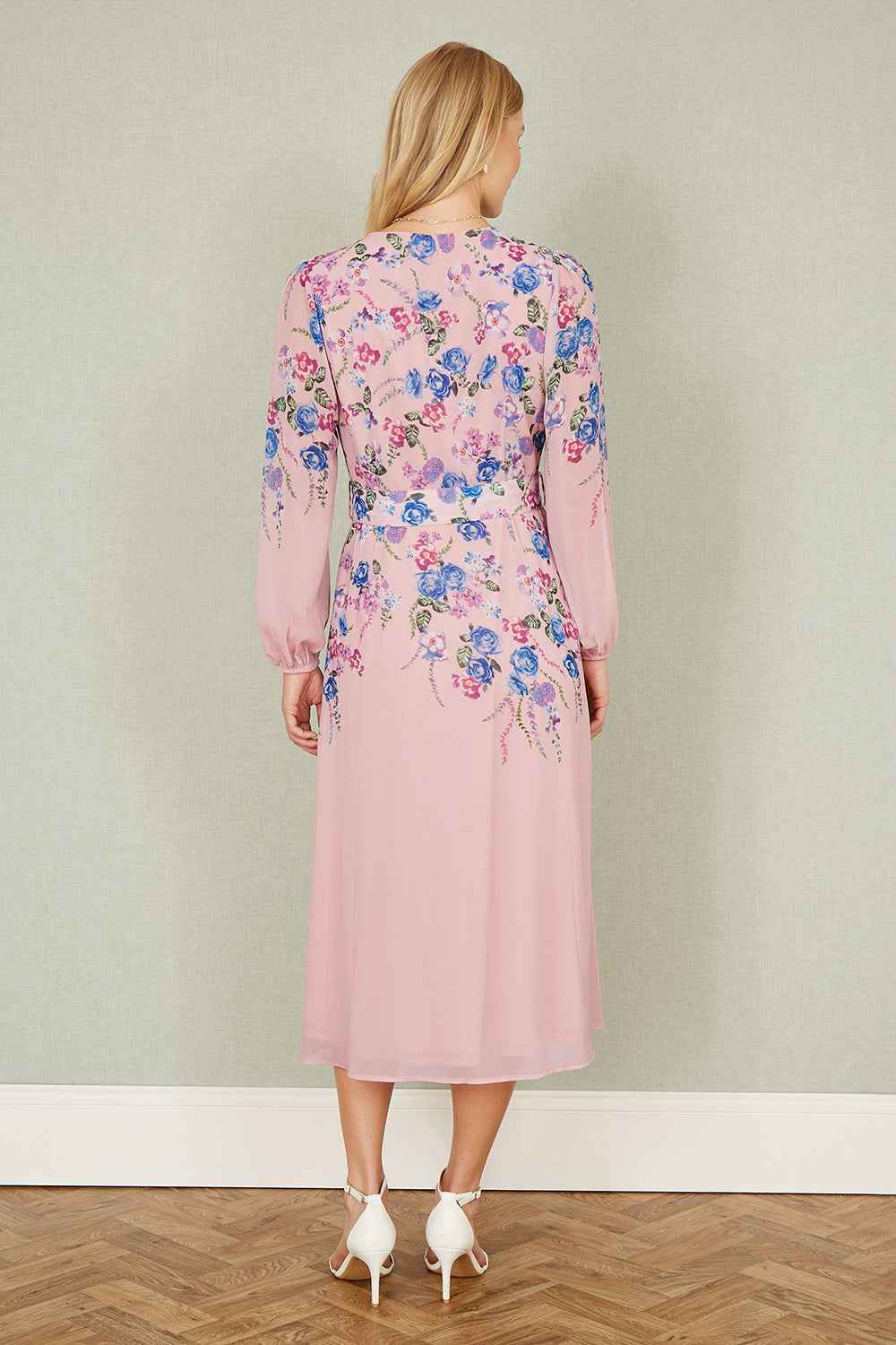 Yumi Pink Floral Placement Button Down Midi Dress With Long Sleeves