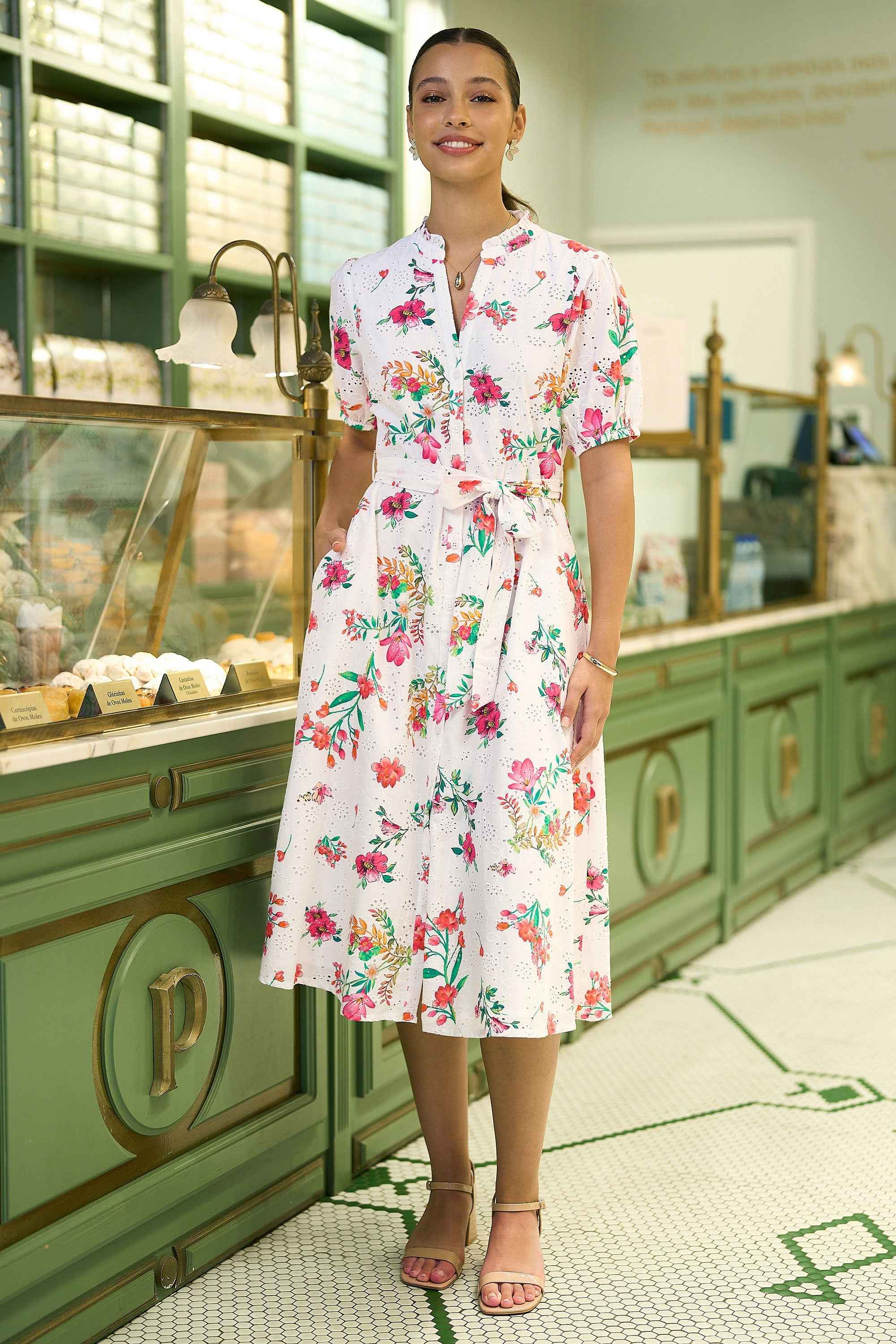 Yumi White Floral Print Cotton Broderie Anglaise Midi Shirt Dress