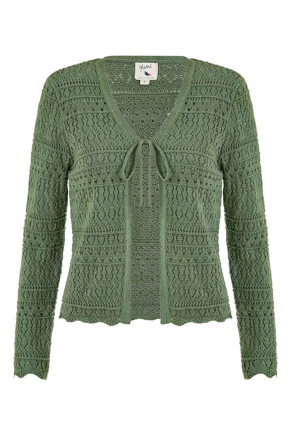 Yumi Green Crochet Tie Front Cardigan