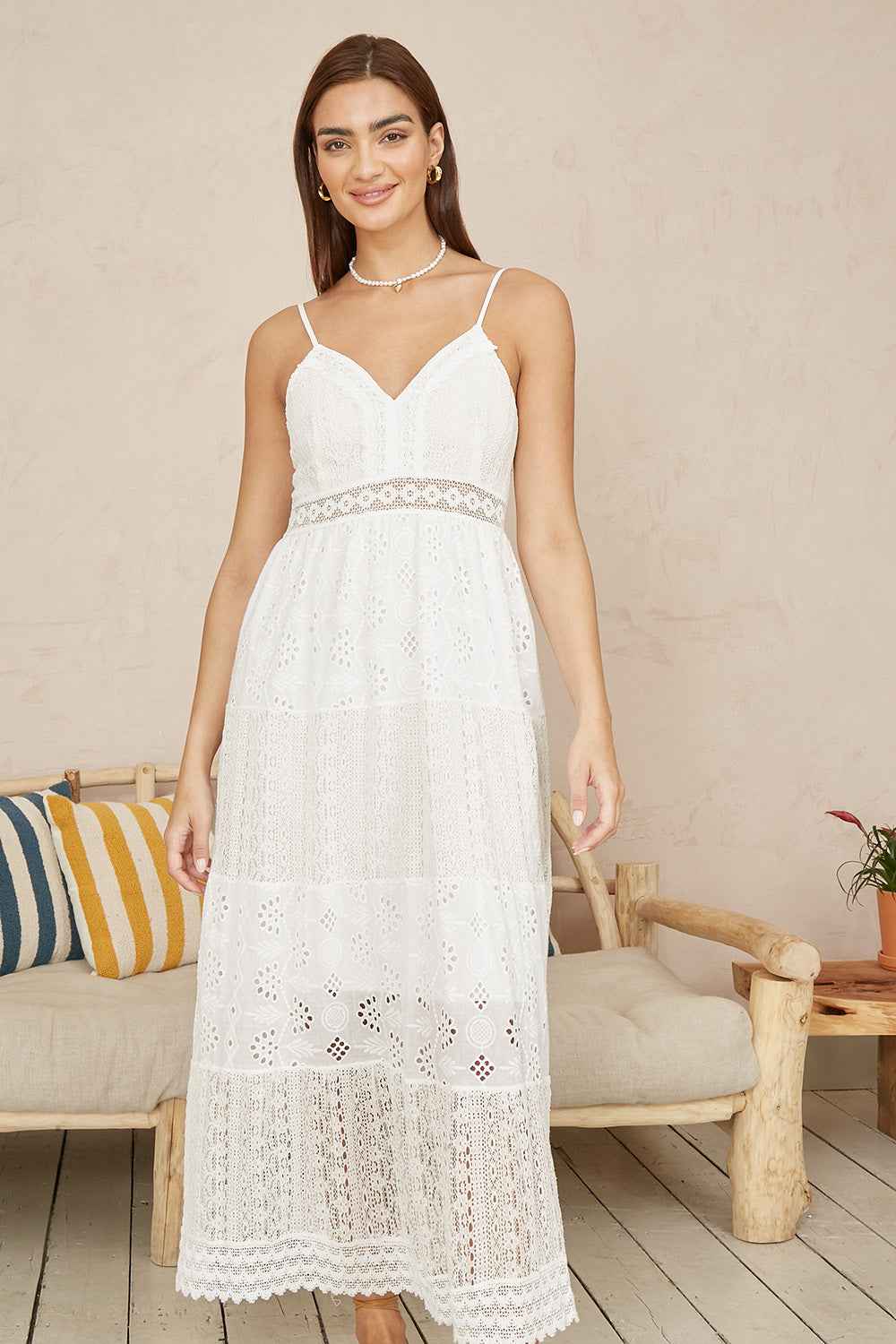 Yumi White Tiered Maxi Dress With Ruched Back
