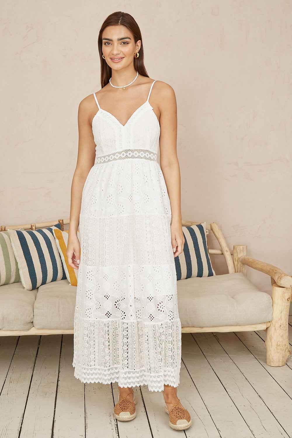 Yumi White Tiered Maxi Dress With Ruched Back