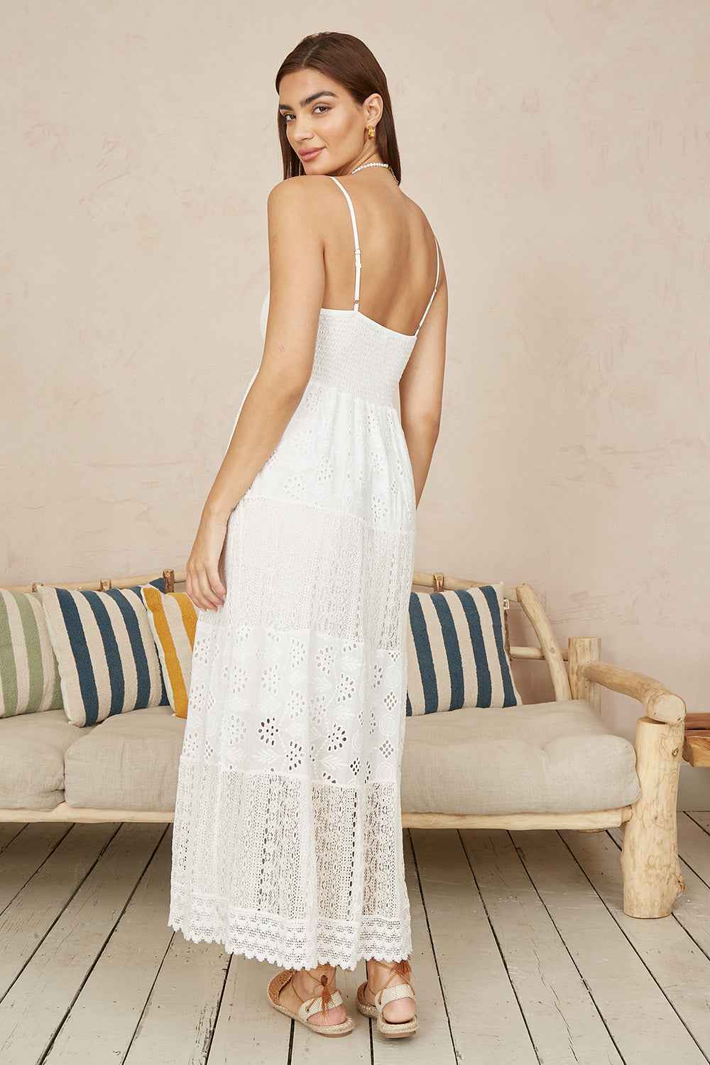 Yumi White Tiered Maxi Dress With Ruched Back