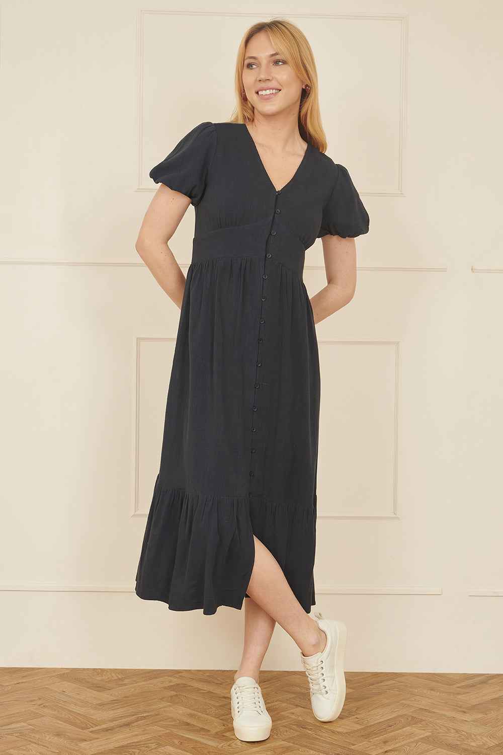 Yumi Navy Viscose Button Through Midi Dress