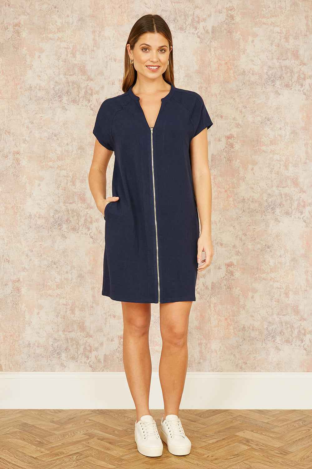 Yumi Navy Viscose Zip Tunic Dress