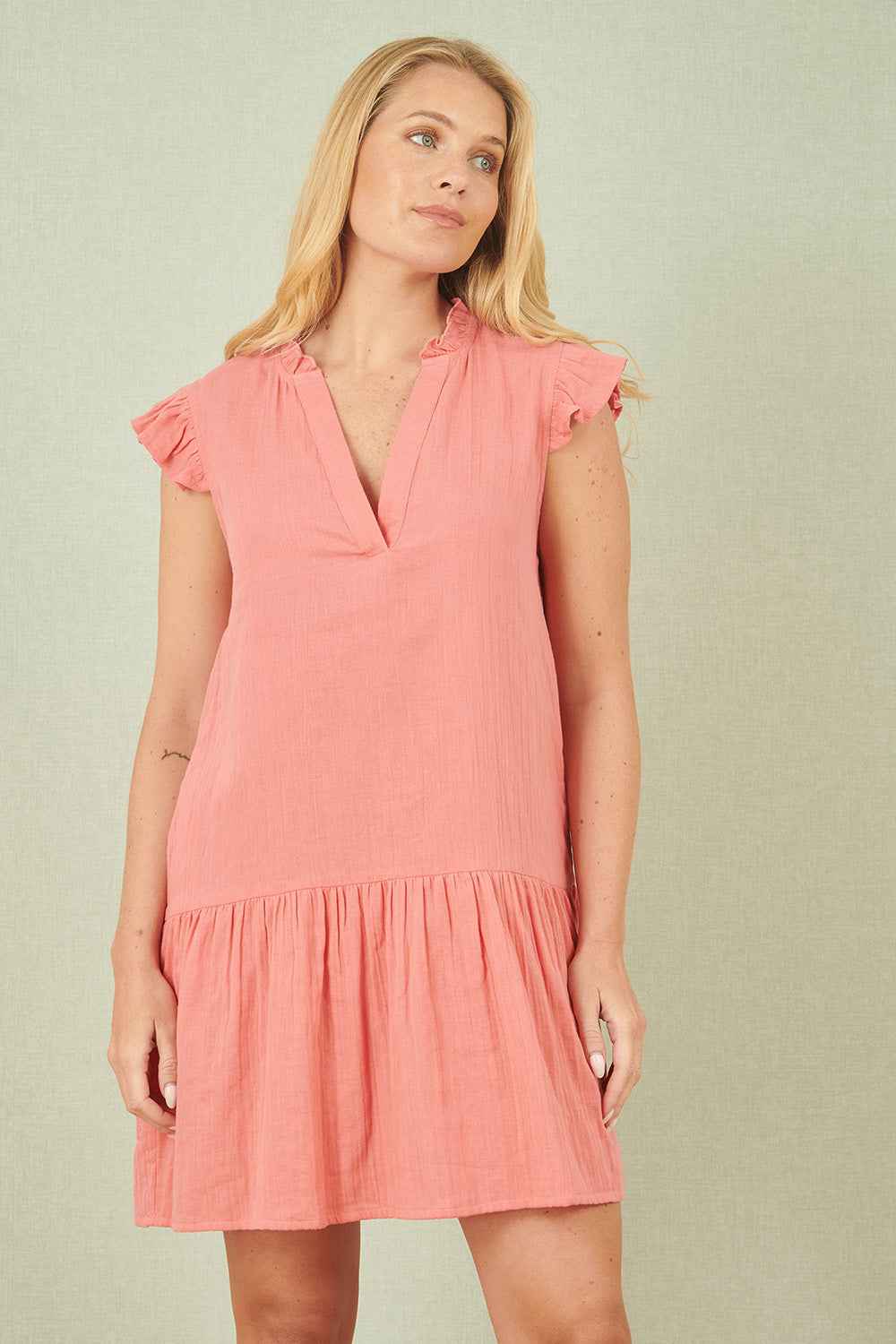 Yumi Coral Double Cotton Tunic With Frill Sleeves