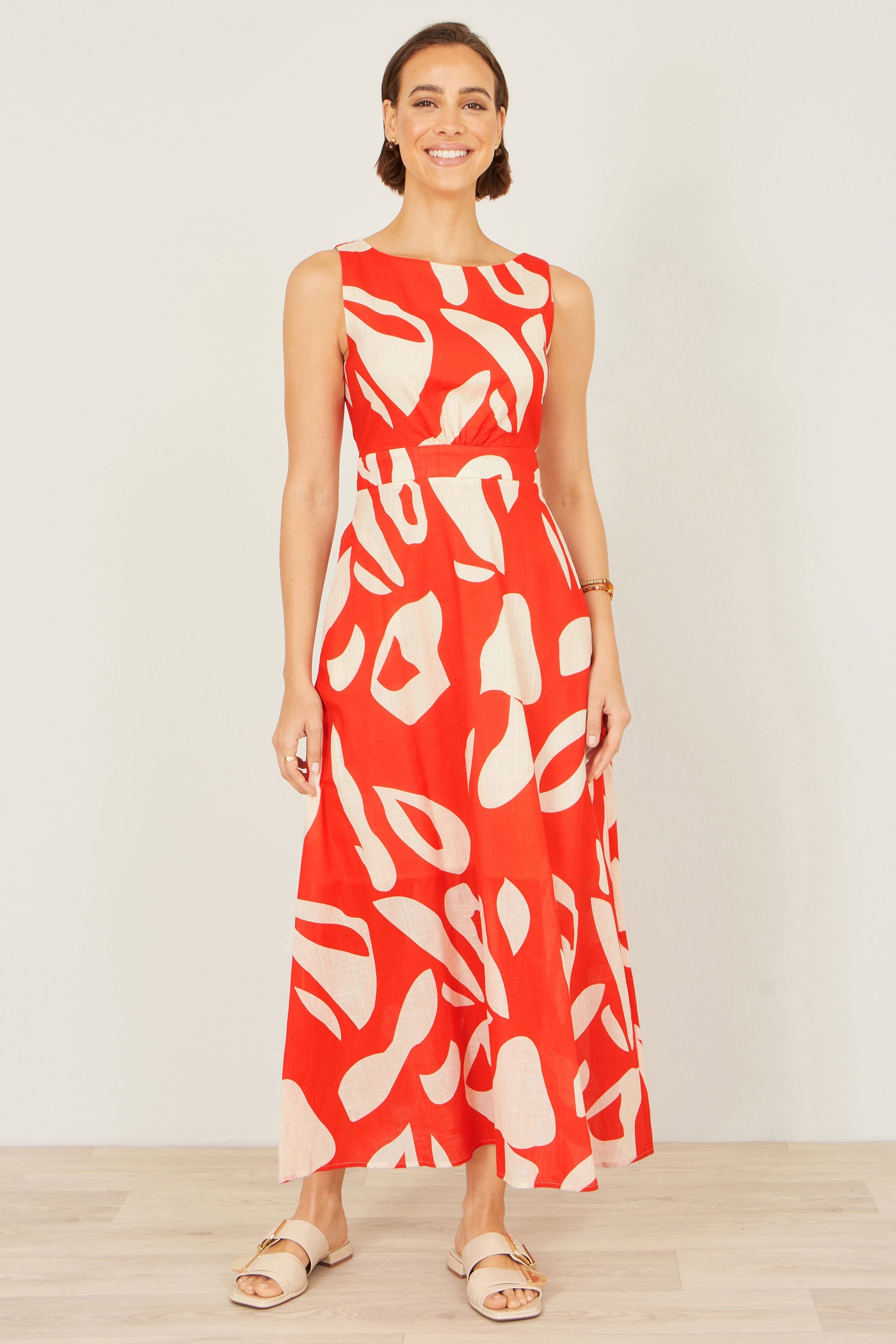 Yumi Orange Abstract Maxi Dress With Tie Back