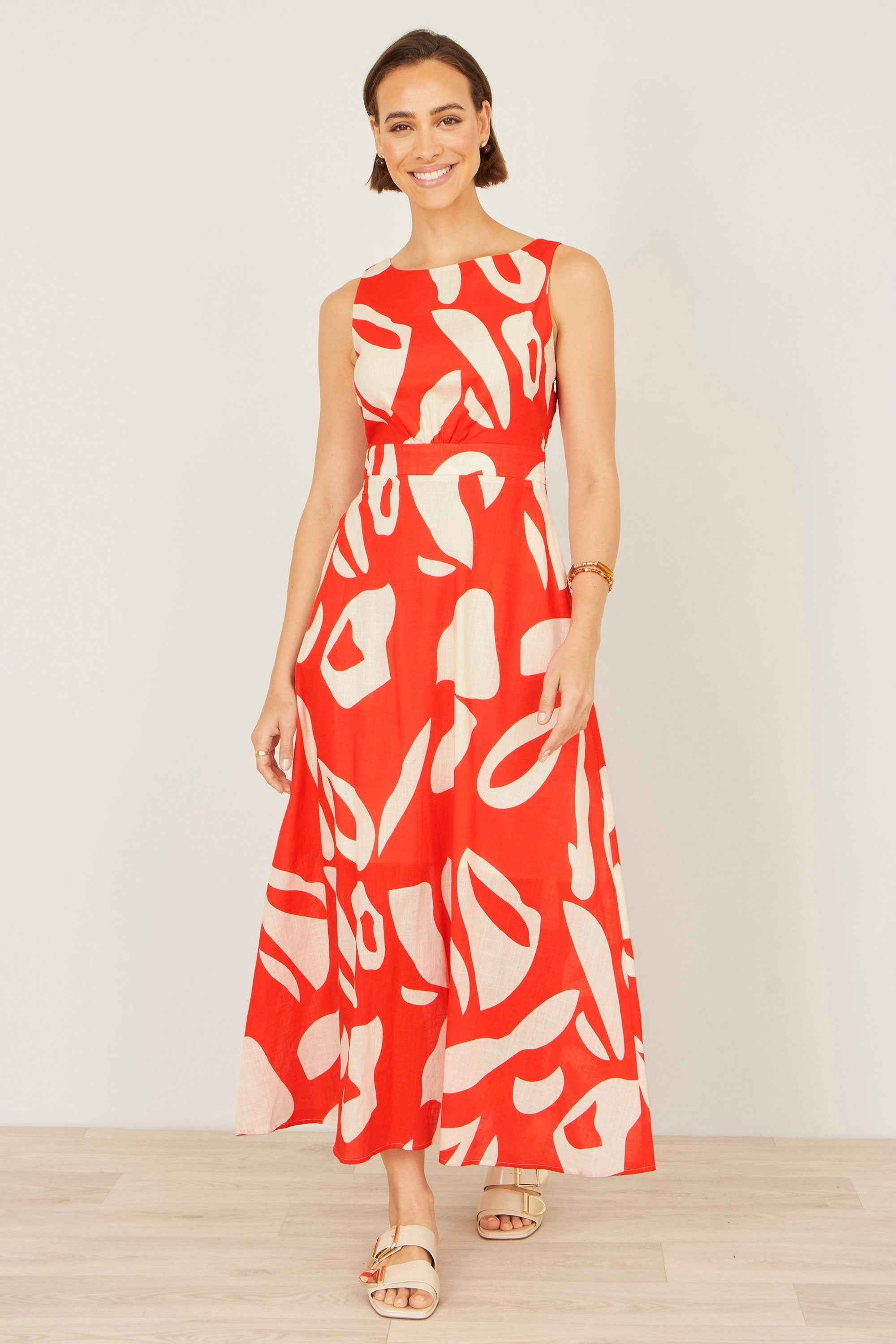 Yumi Orange Abstract Maxi Dress With Tie Back