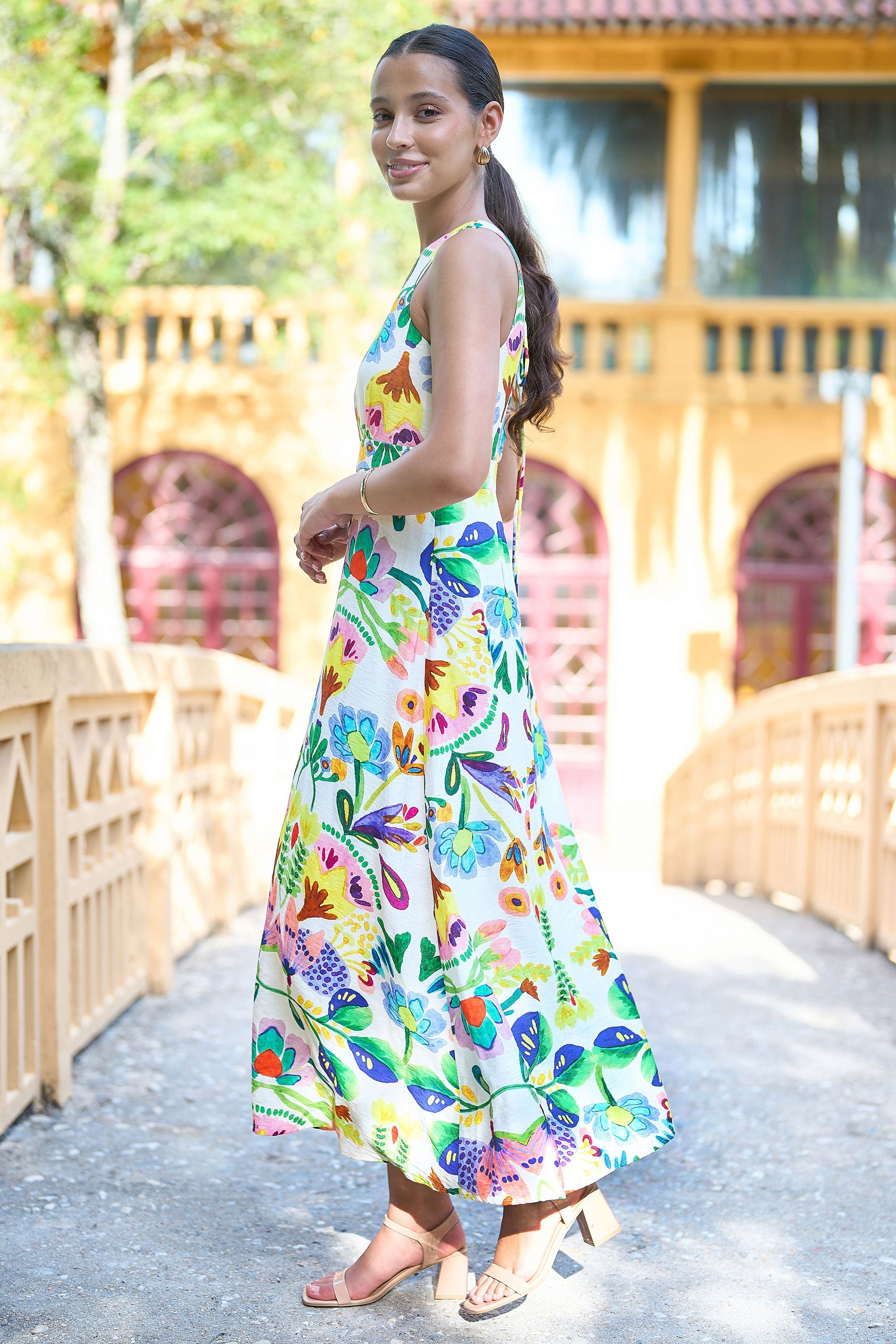 Yumi Multicolour Abstract Flower Maxi Dress With Tie Back