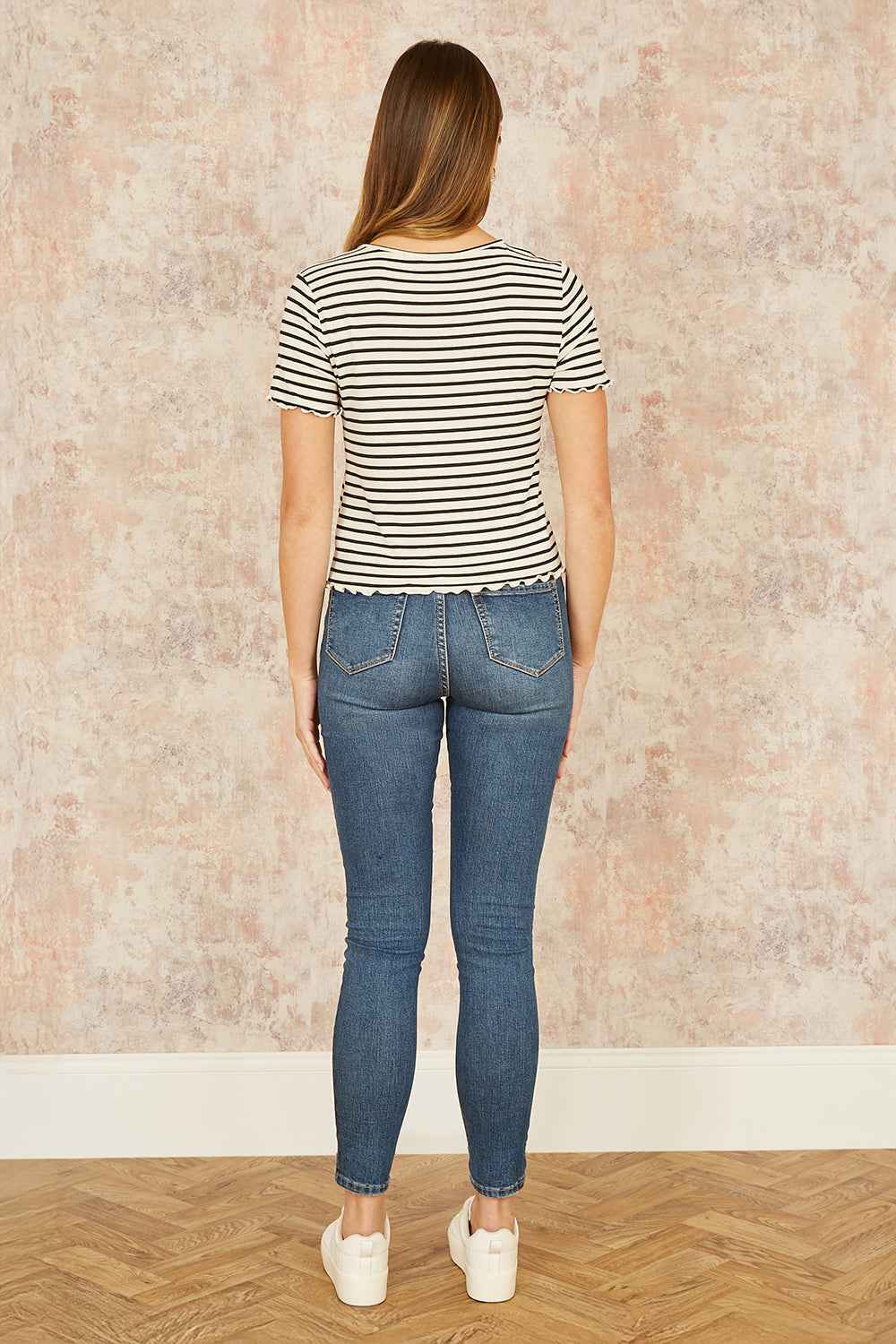 Yumi White Striped Cotton Jersey Lettuce Trim T-Shirt