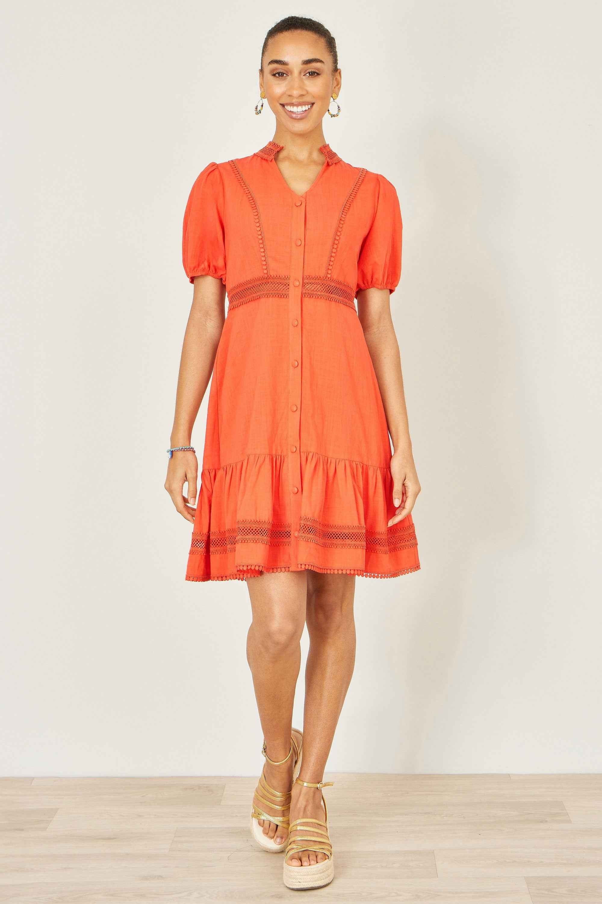 Yumi Orange Cotton Lace Trim Skater Shirt Dress