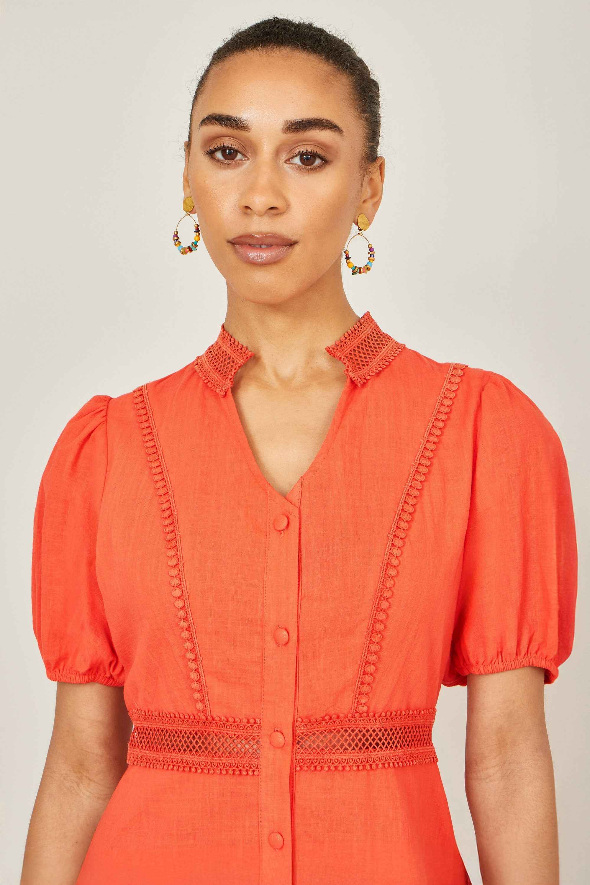 Yumi Orange Cotton Lace Trim Skater Shirt Dress