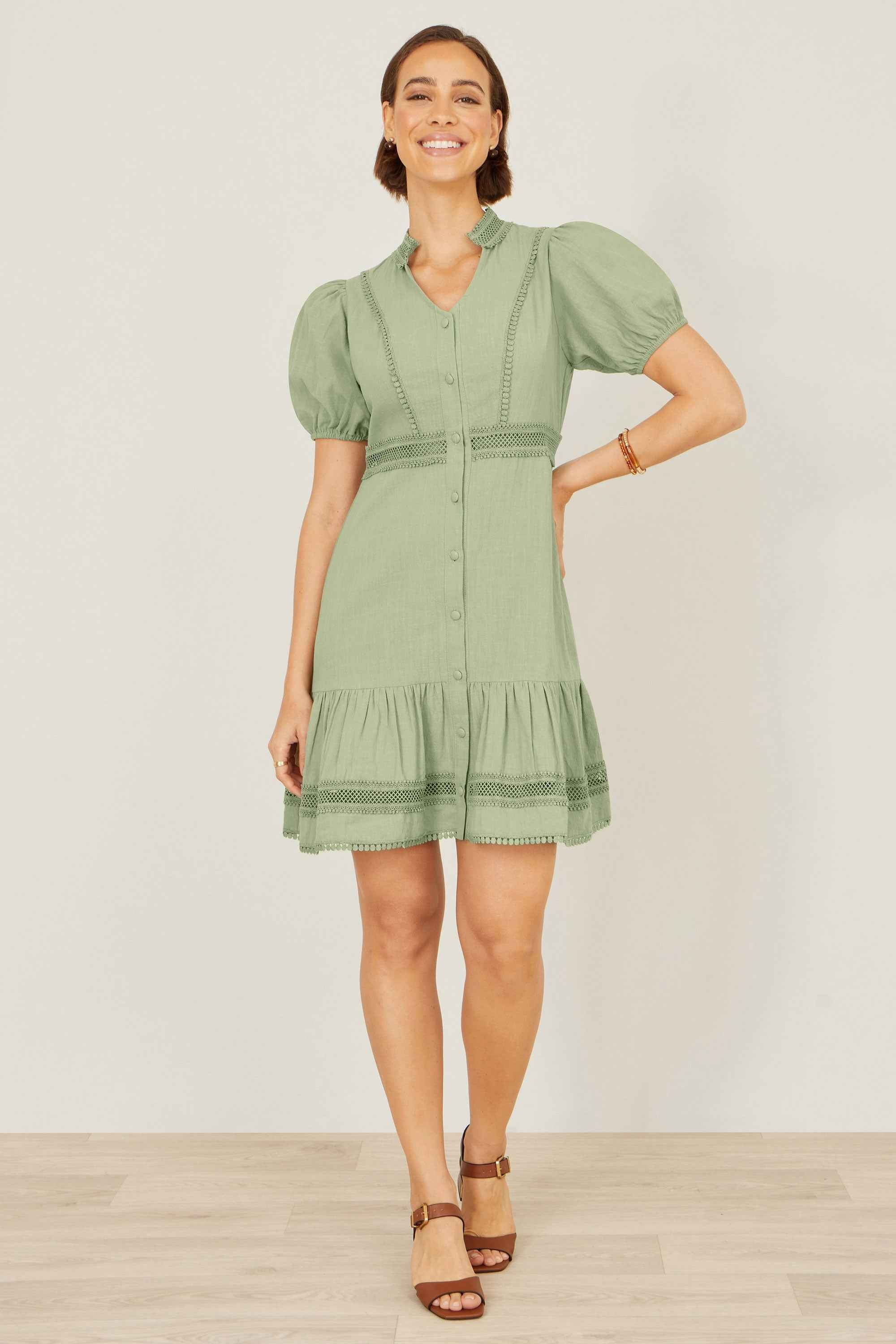 Yumi Green Cotton Lace Trim Skater Shirt Dress