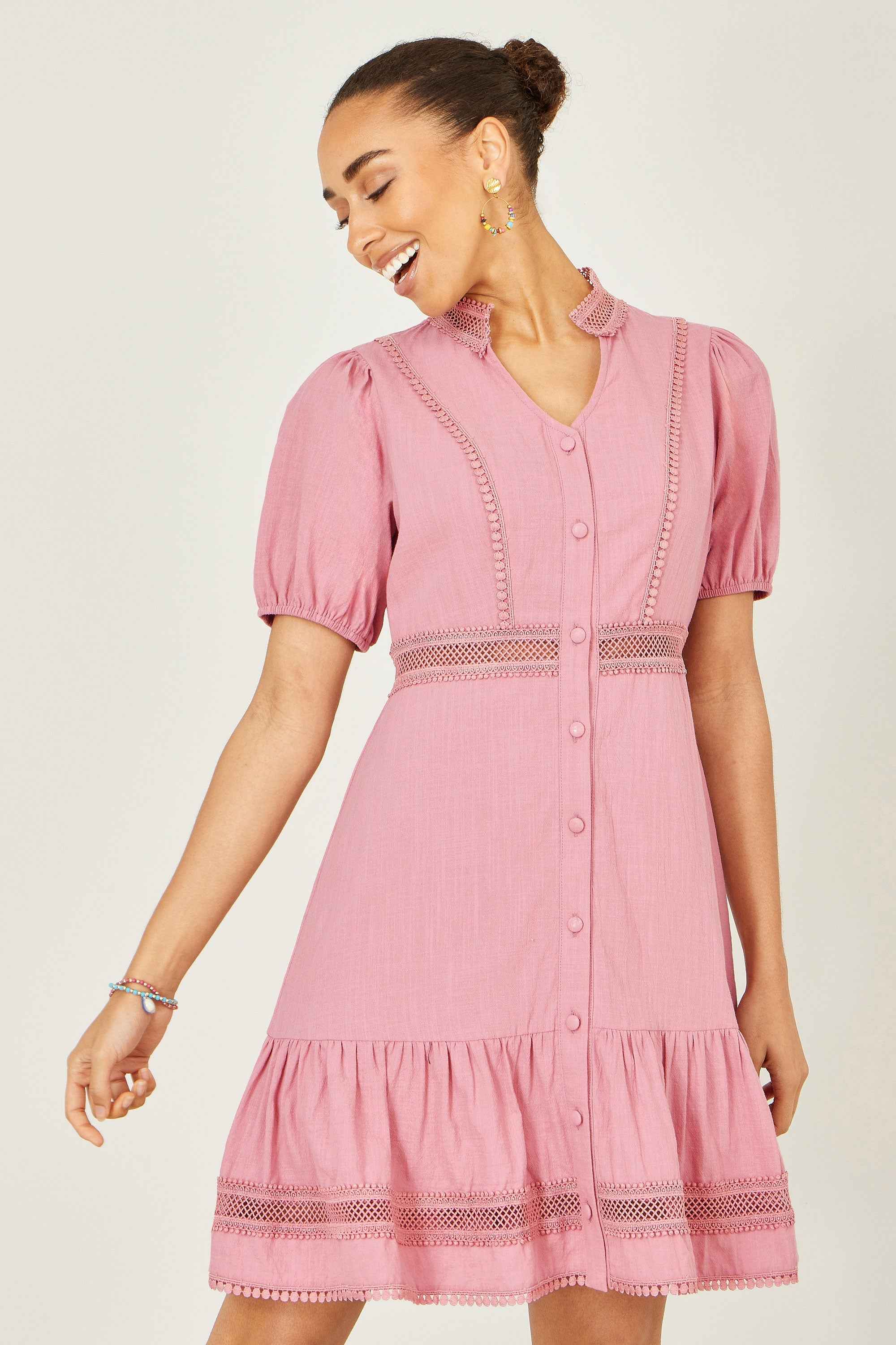 Yumi Pink Cotton Lace Trim Skater Shirt Dress