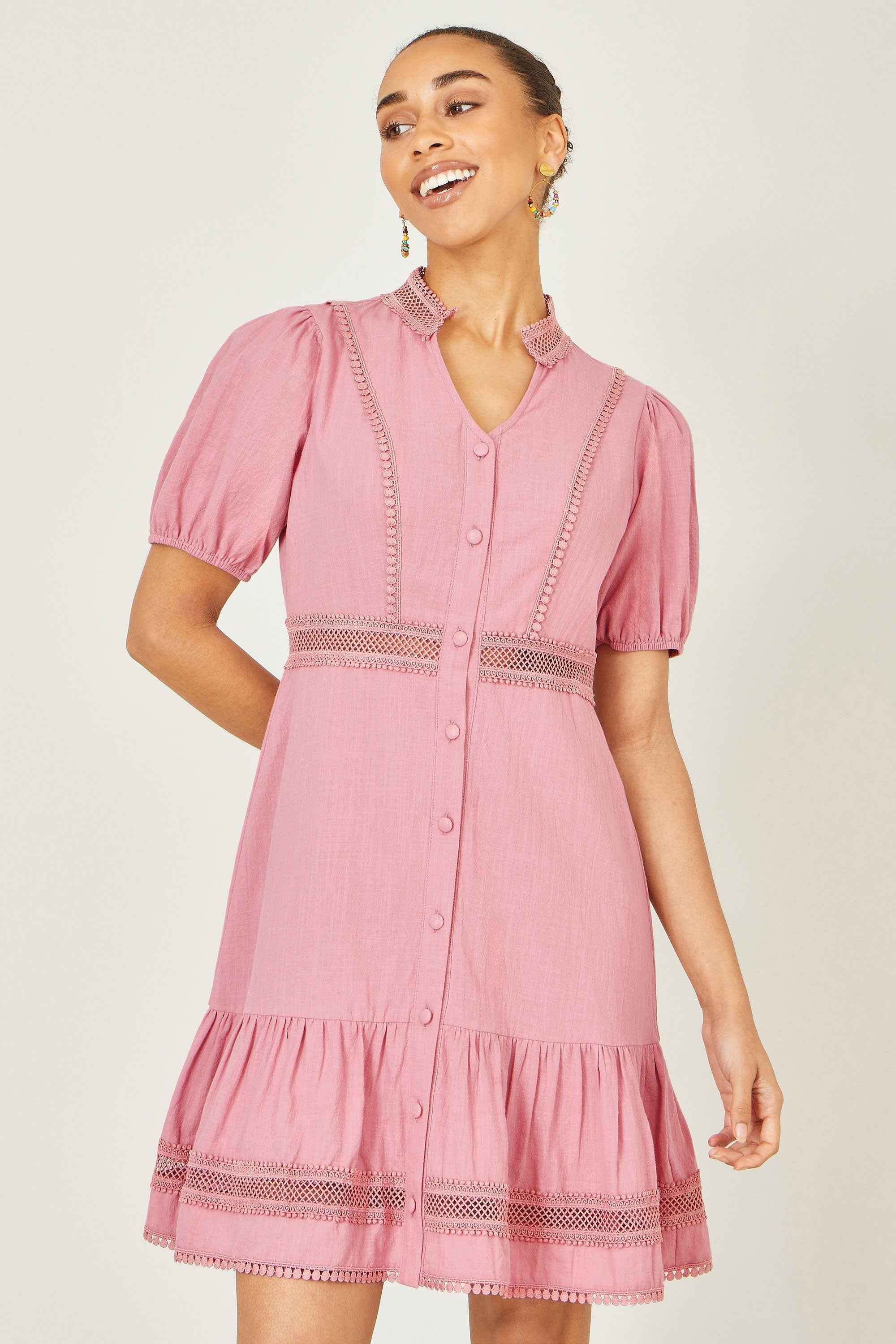 Yumi Pink Cotton Lace Trim Skater Shirt Dress