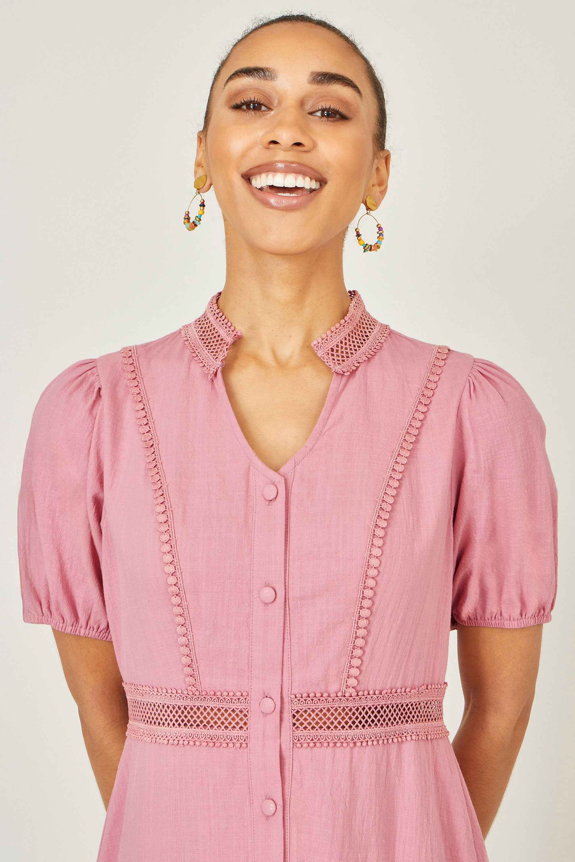 Yumi Pink Cotton Lace Trim Skater Shirt Dress