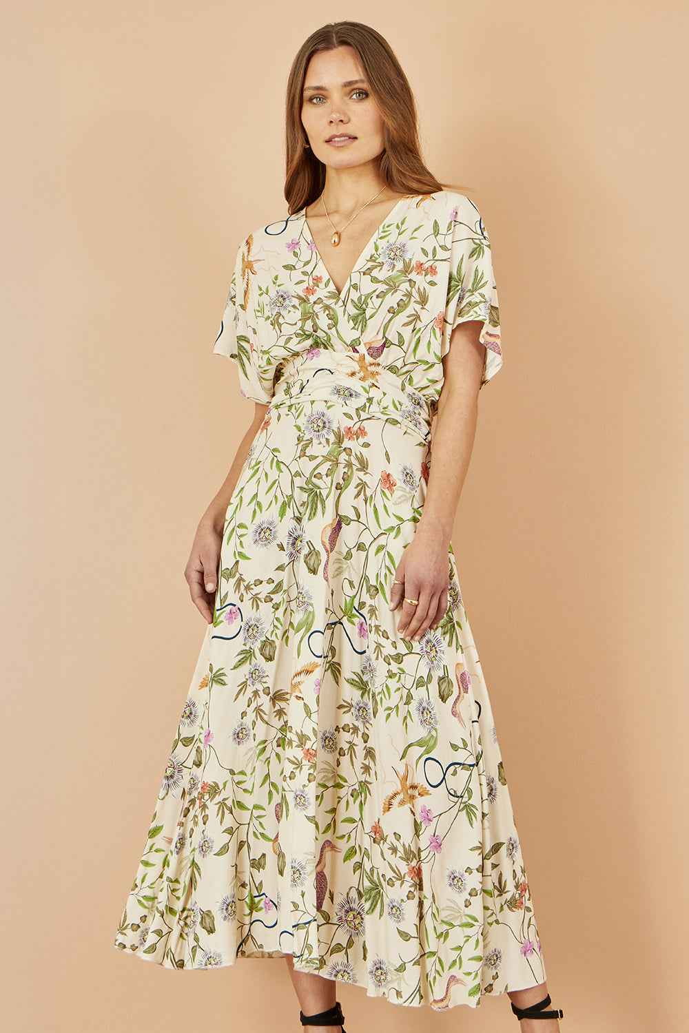 Yumi Ivory Floral Print Ruched Waist Midi Dress With Kimono Sleeves