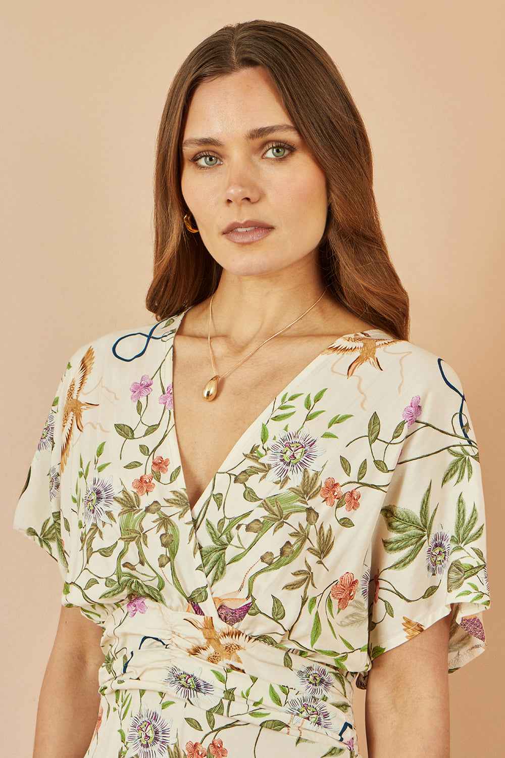 Yumi Ivory Floral Print Ruched Waist Midi Dress With Kimono Sleeves