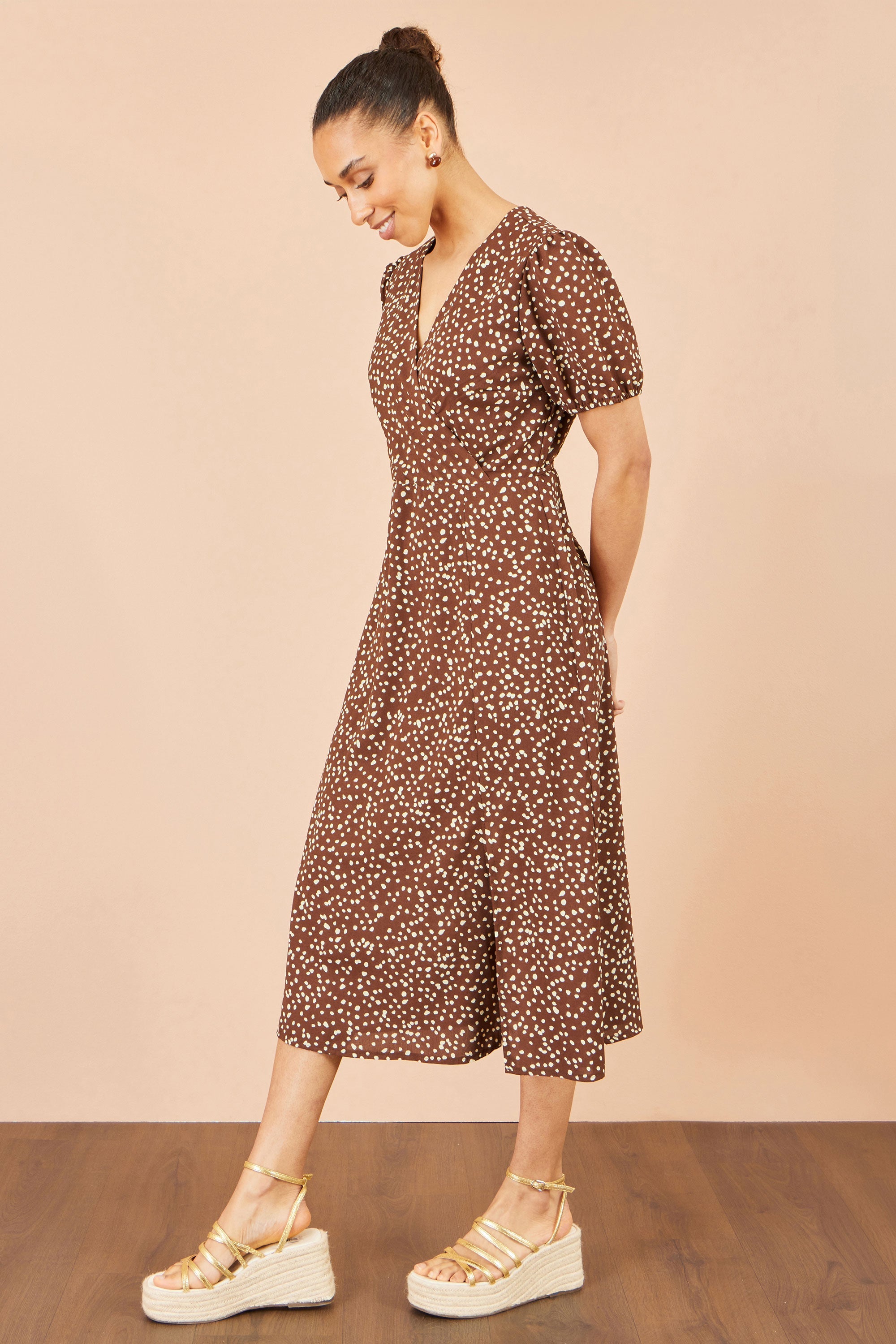 Yumi Brown Spot Midi Dress With Split Hemline