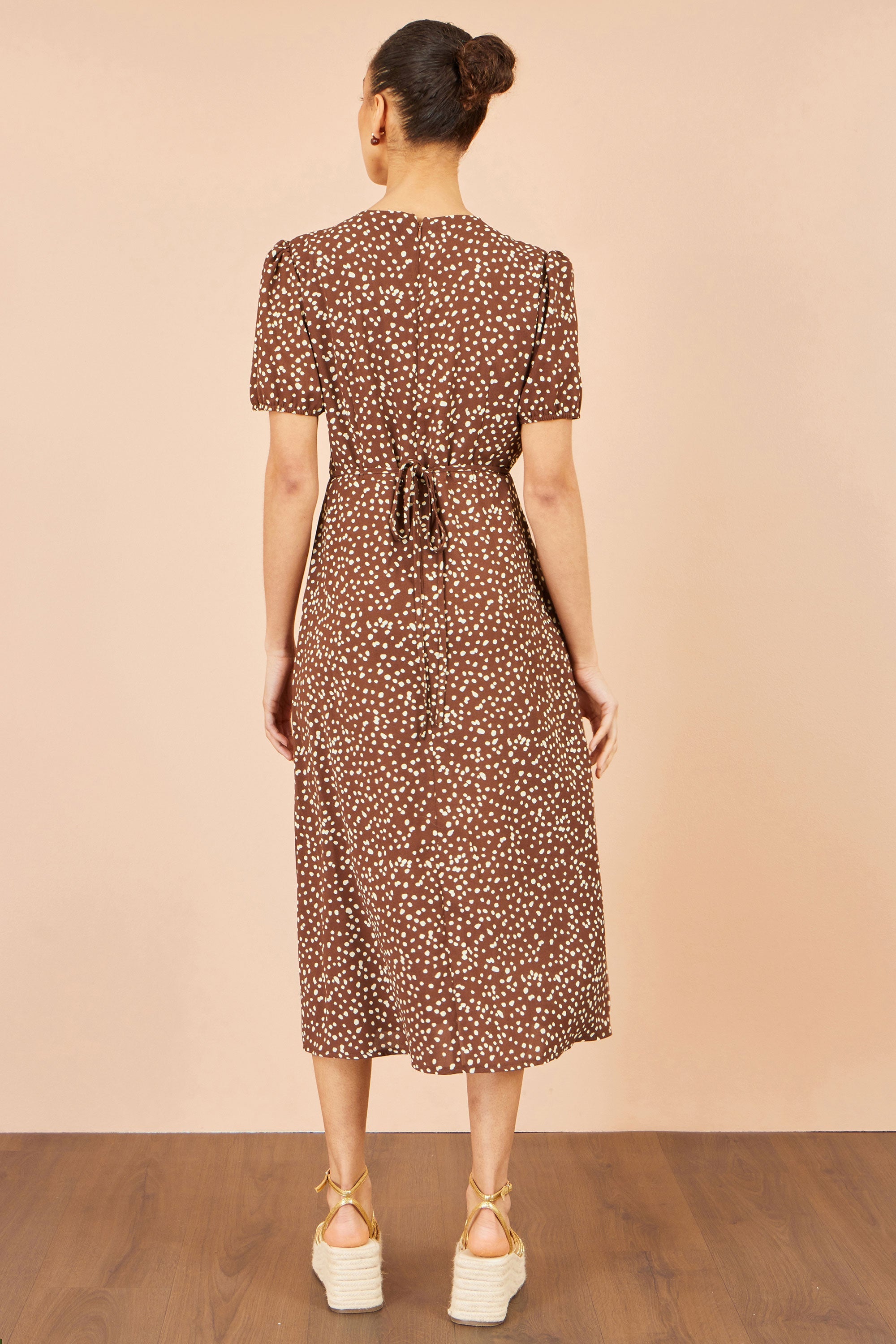 Yumi Brown Spot Midi Dress With Split Hemline