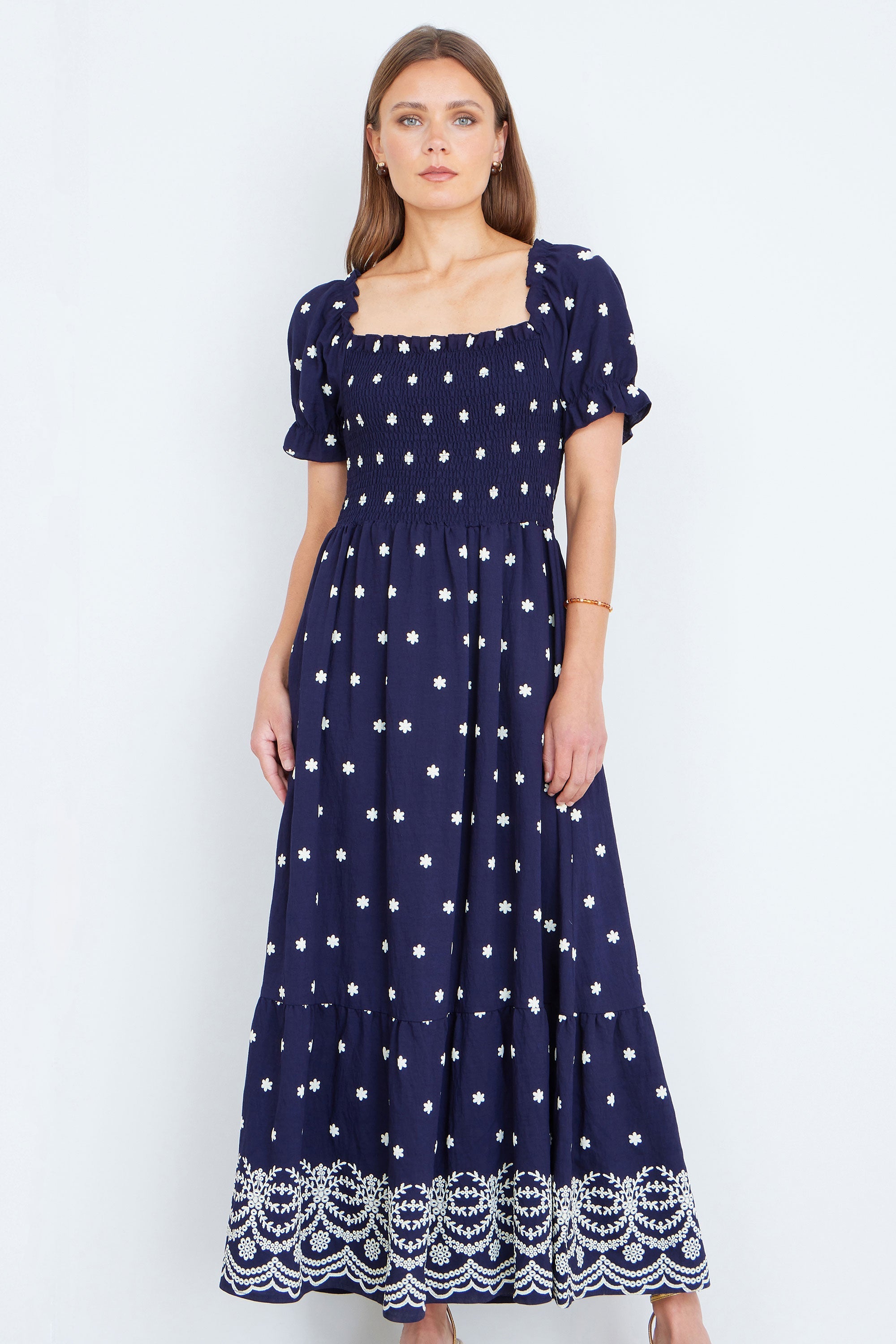 Yumi Navy Border Hemline Smocked Maxi Dress