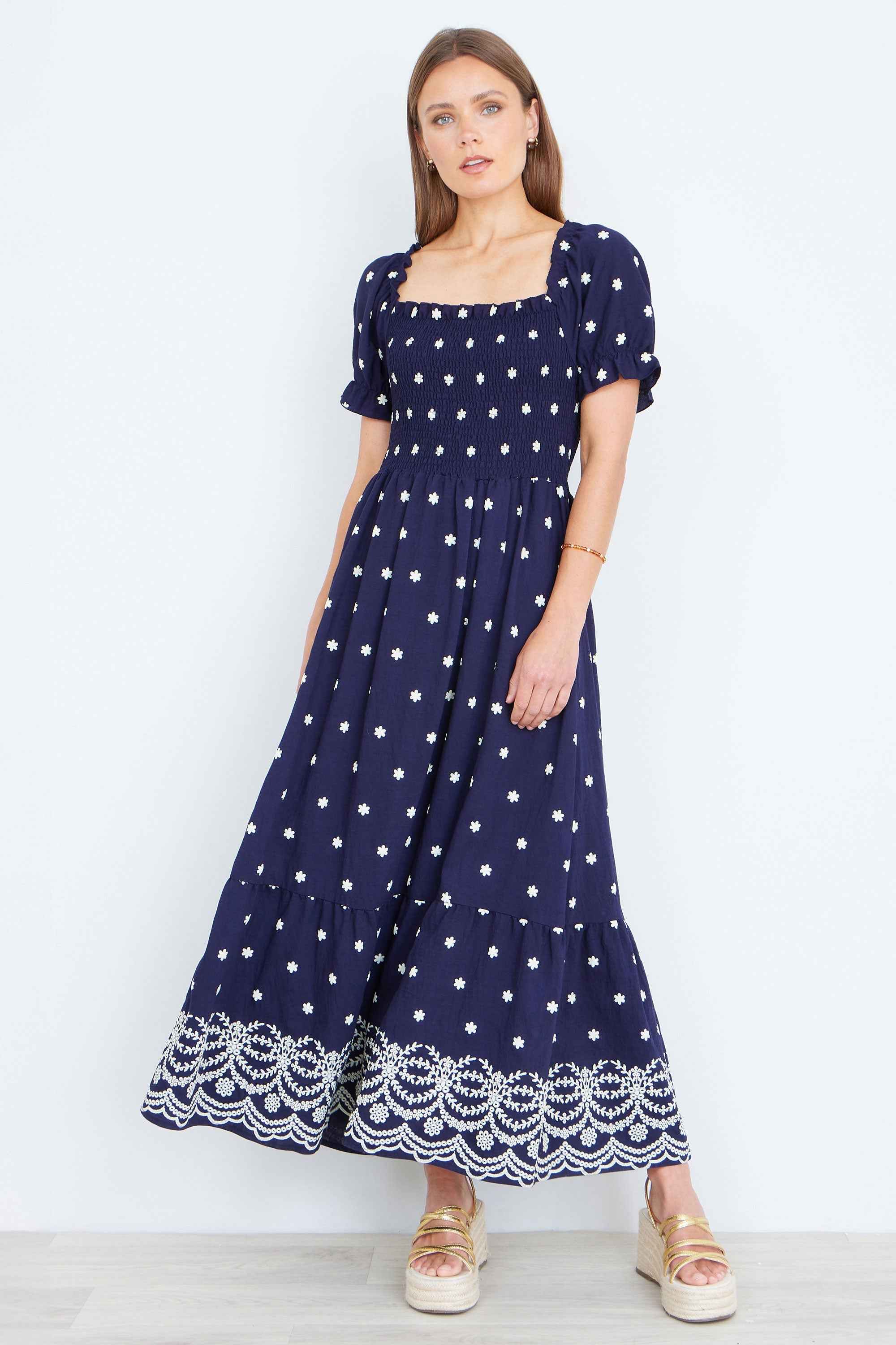 Yumi Navy Border Hemline Smocked Maxi Dress