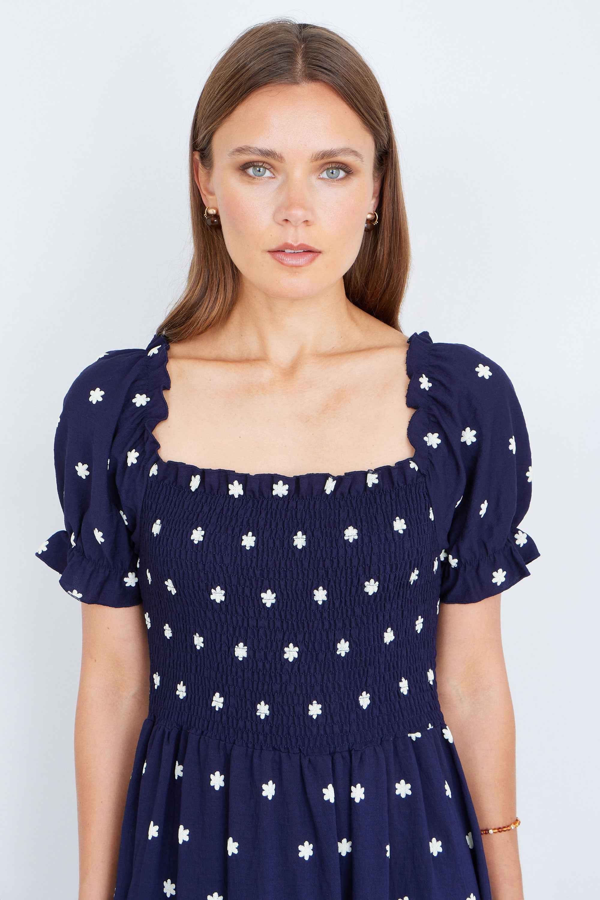 Yumi Navy Border Hemline Smocked Maxi Dress