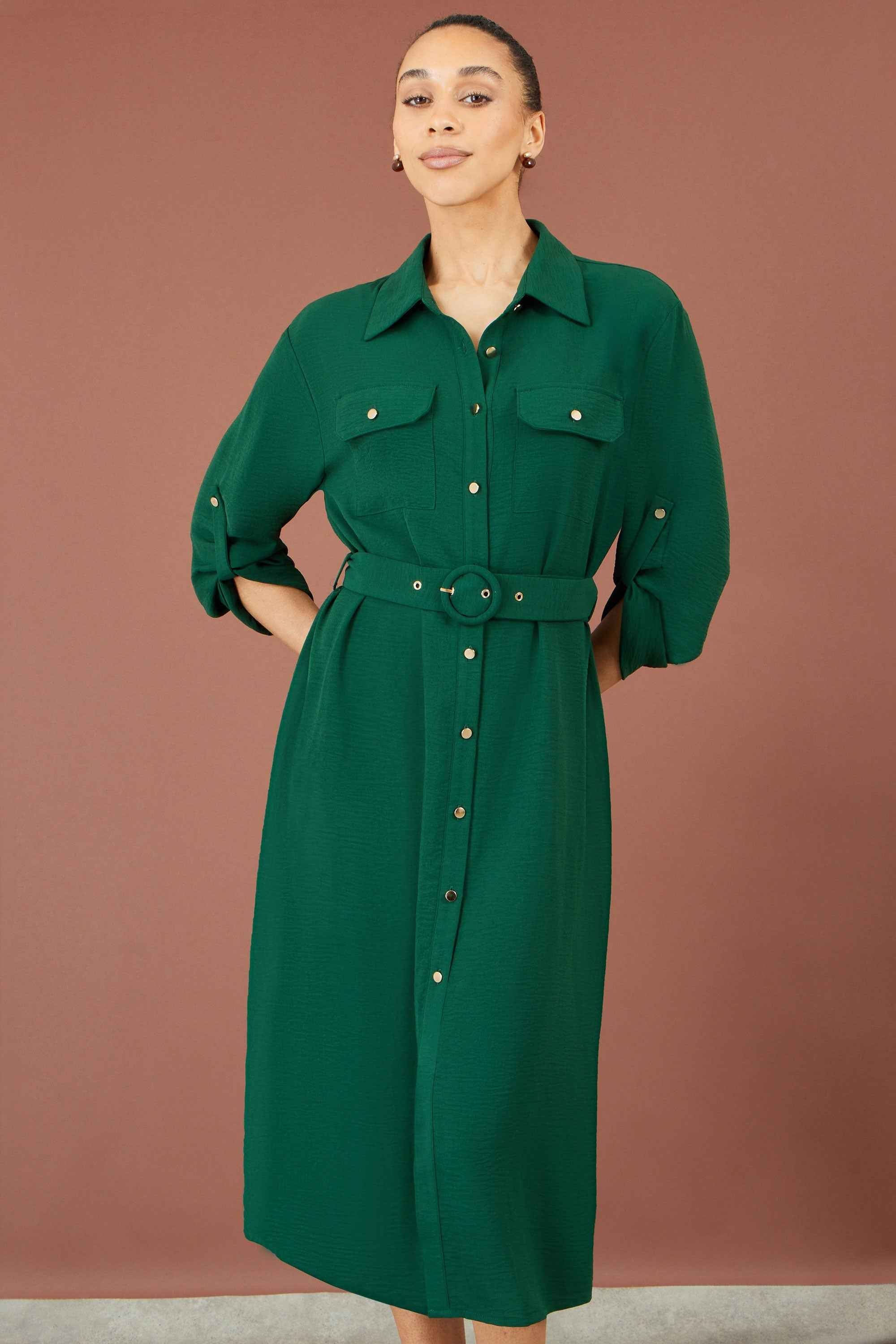 Yumi Green Stretch Midi Shirt Dress