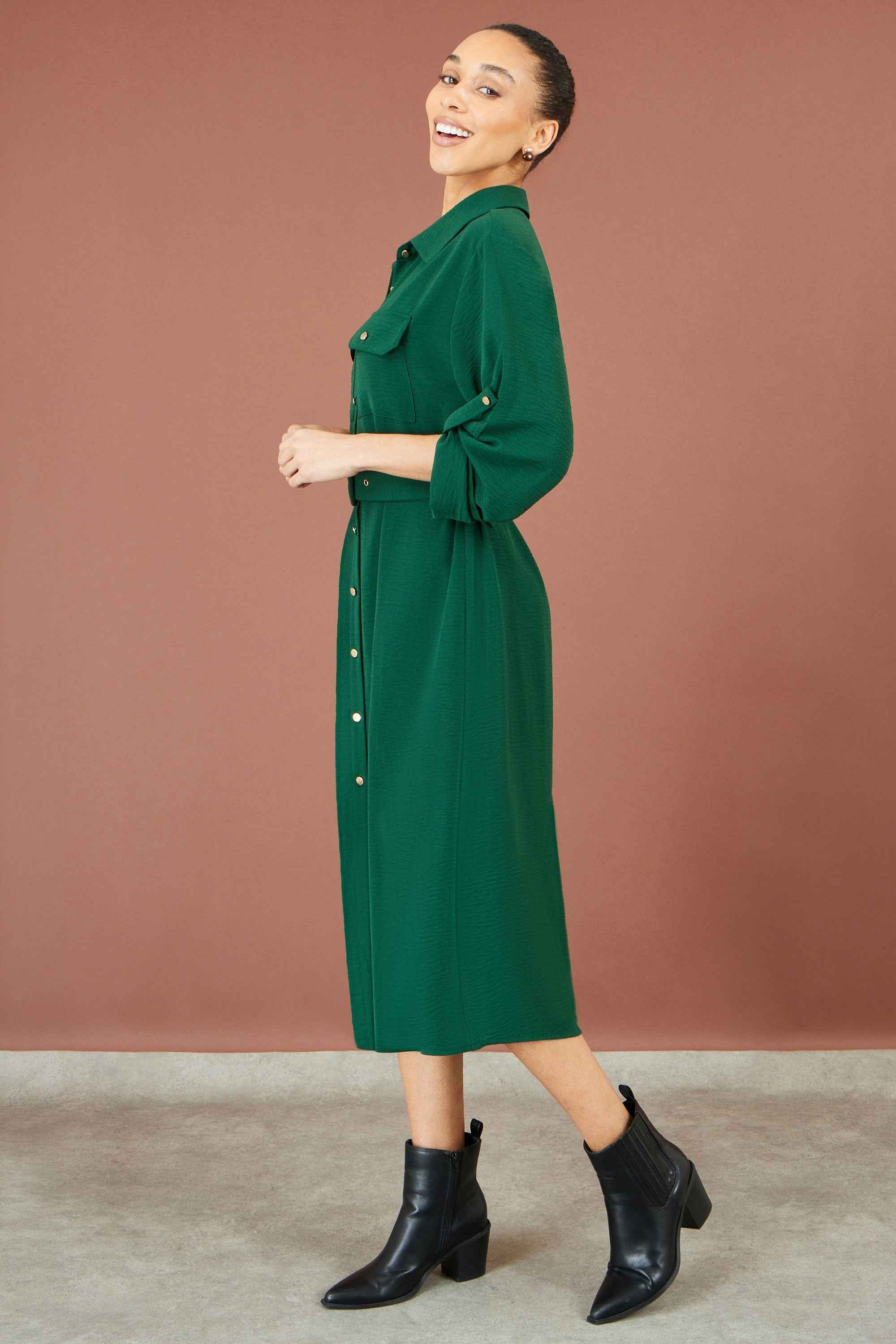 Yumi Green Stretch Midi Shirt Dress
