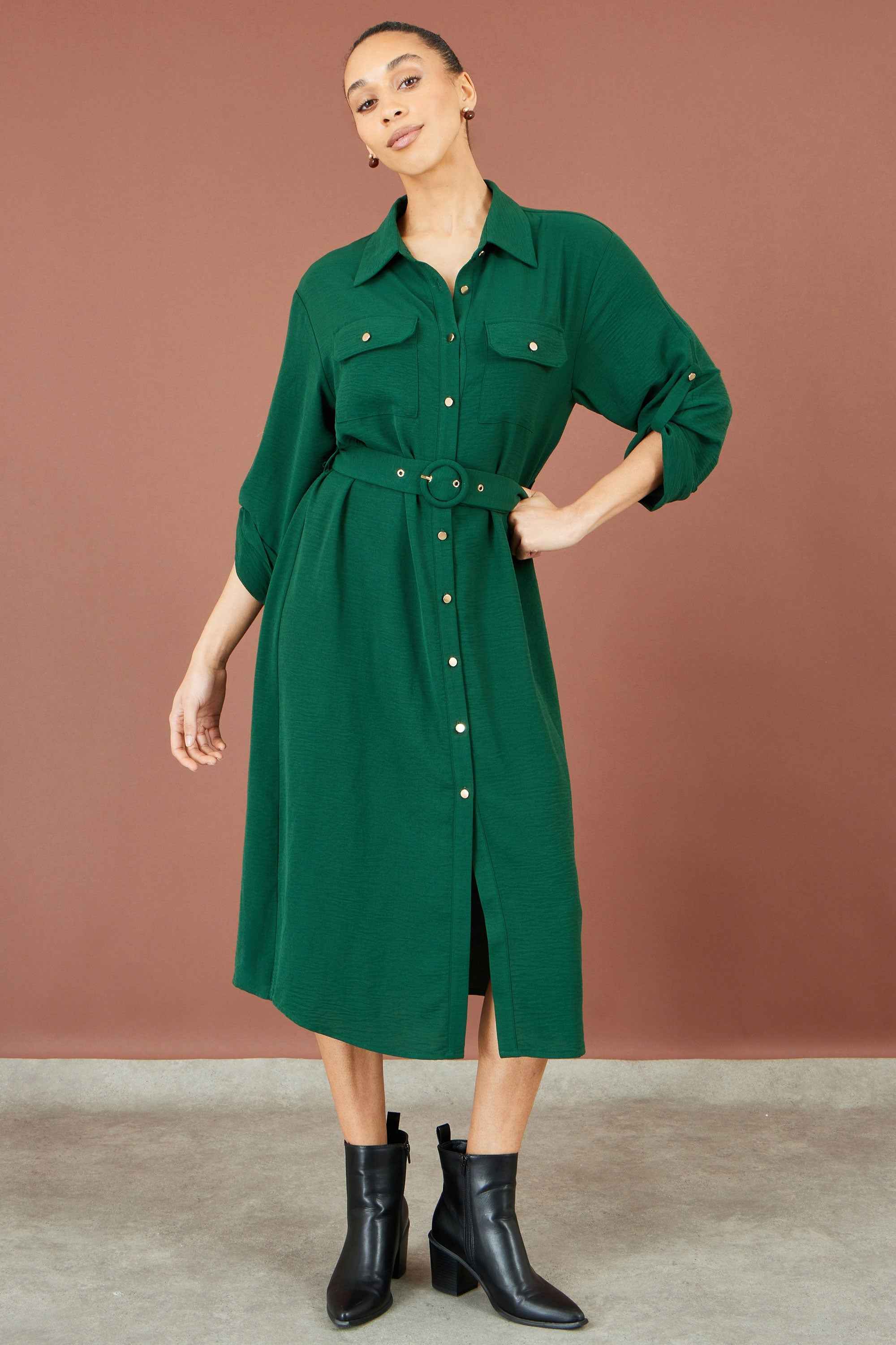 Yumi Green Stretch Midi Shirt Dress
