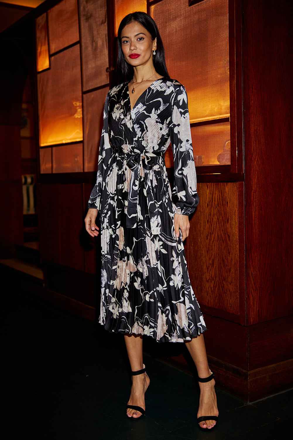 Yumi Black Floral Satin Pleated Midi Dress
