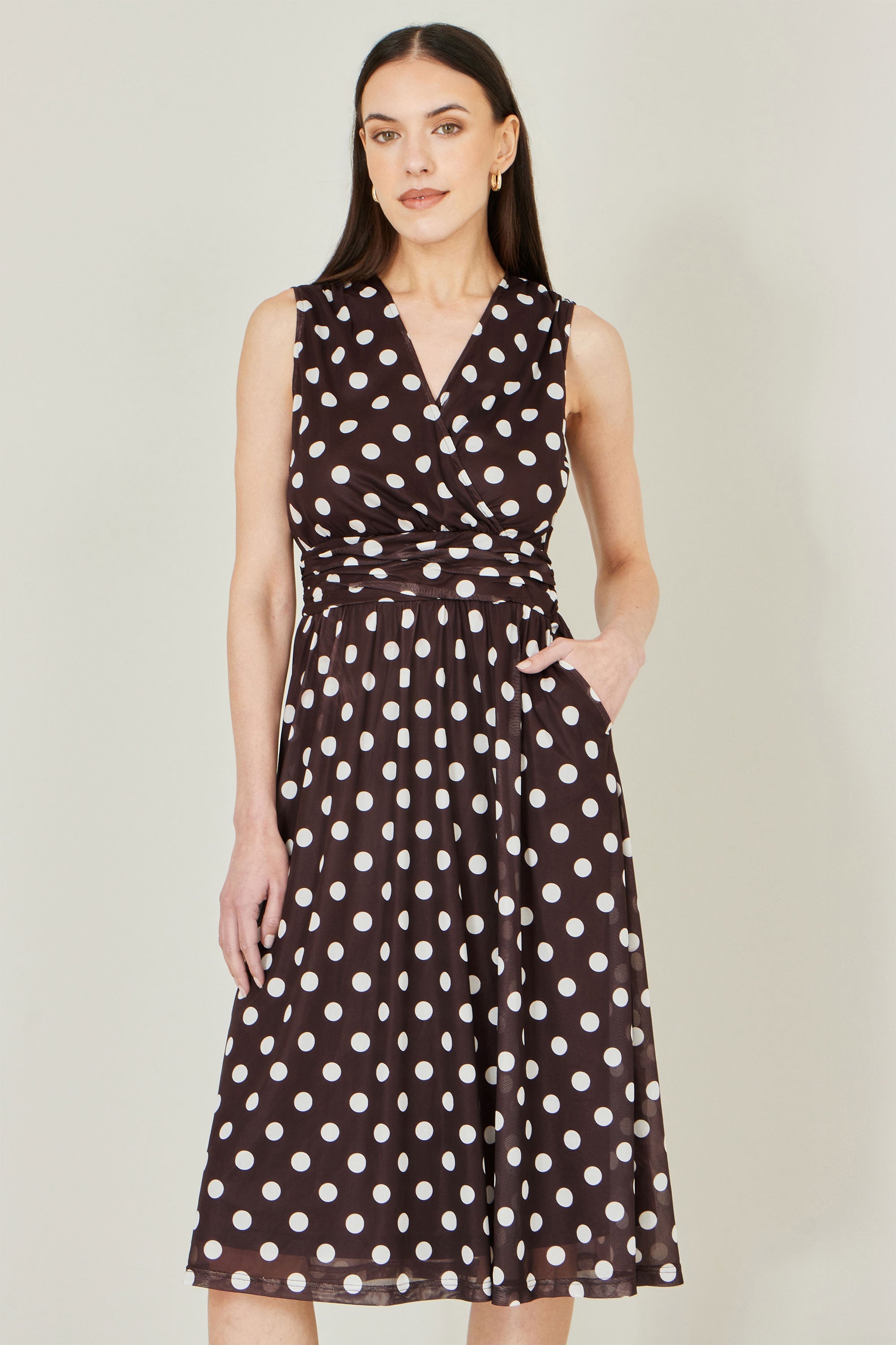 Yumi Brown Polka Dot Mesh Wrap Skater Dress With Pockets