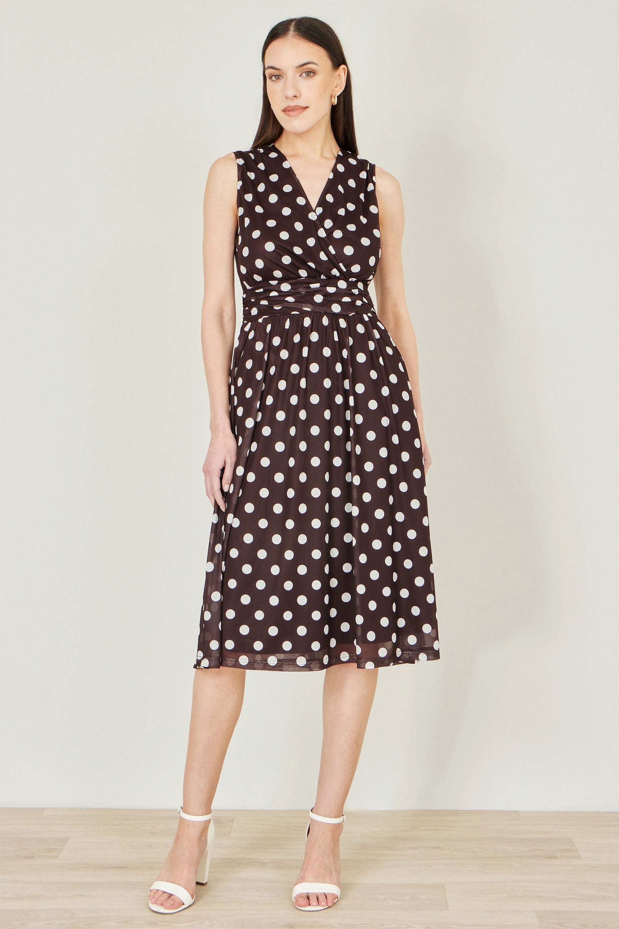 Yumi Brown Polka Dot Mesh Wrap Skater Dress With Pockets
