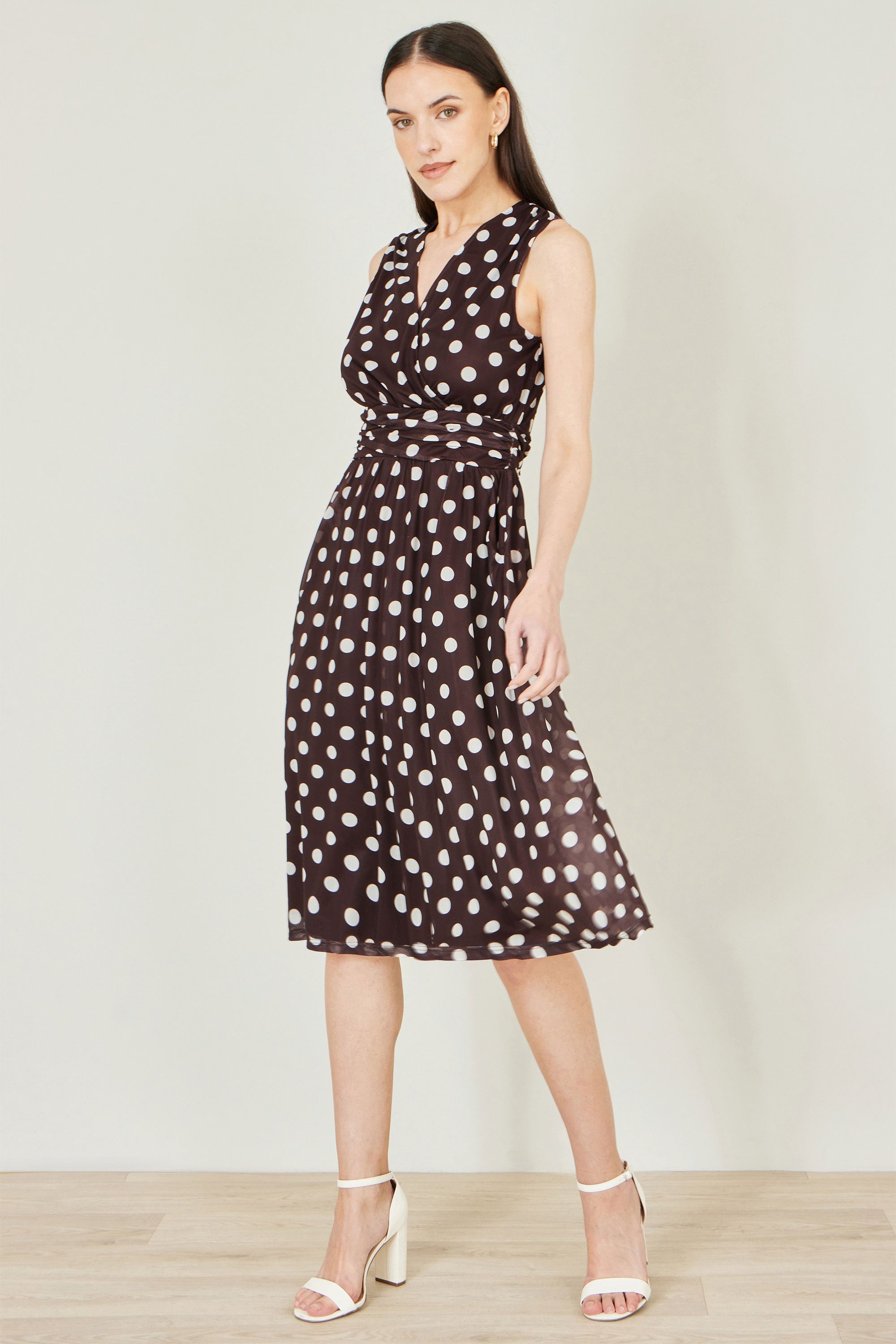 Yumi Brown Polka Dot Mesh Wrap Skater Dress With Pockets