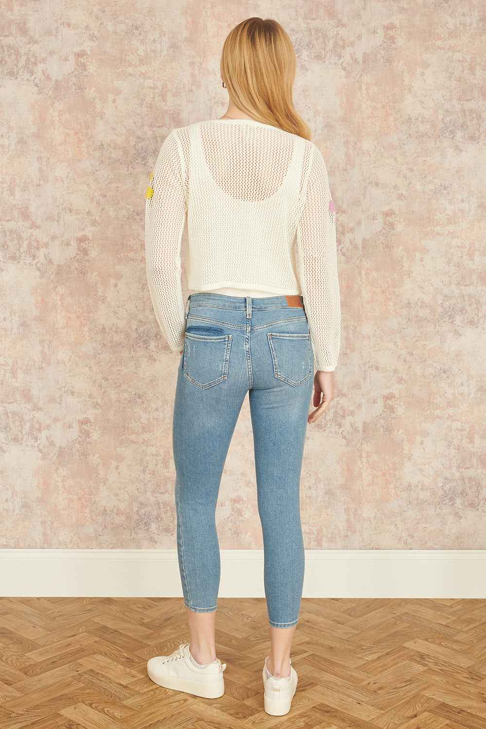 Yumi White Tie Front Cardigan With Flower Design