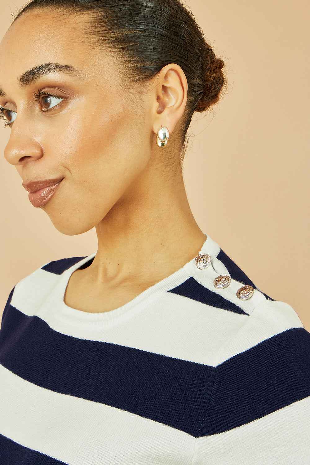 Yumi Navy Block Stripe Knitted Top With Button Details