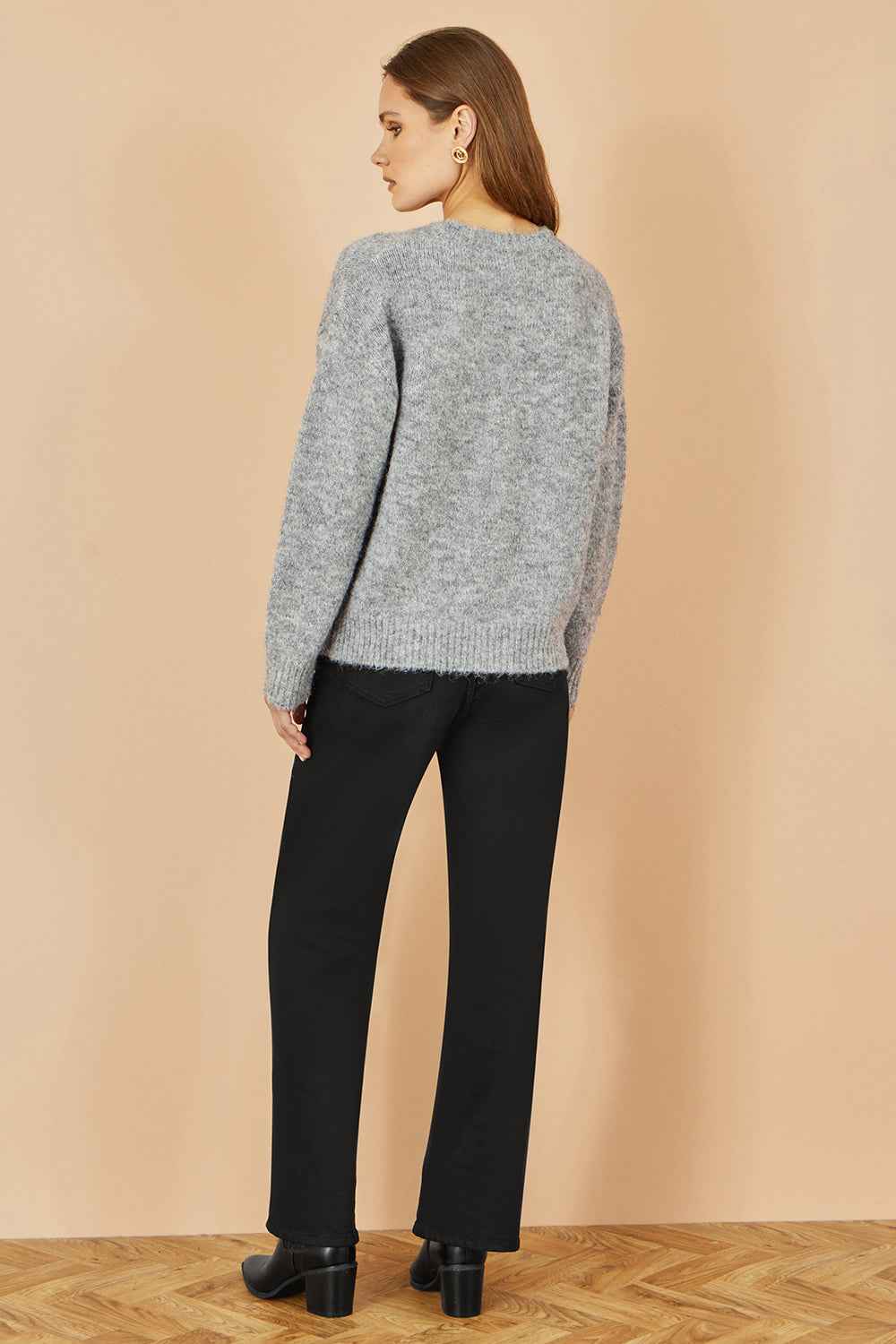 Yumi Grey Relaxed Jumper With Crochet Flowers
