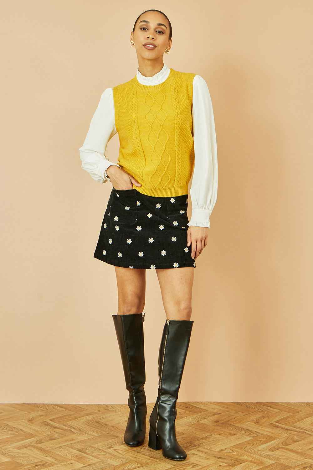 Yumi Mustard Cable Knit Sleeveless Jumper