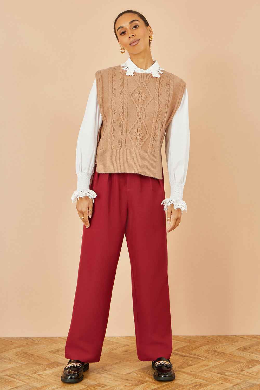 Yumi Camel Flower Cable Knit Tie Side Pullover