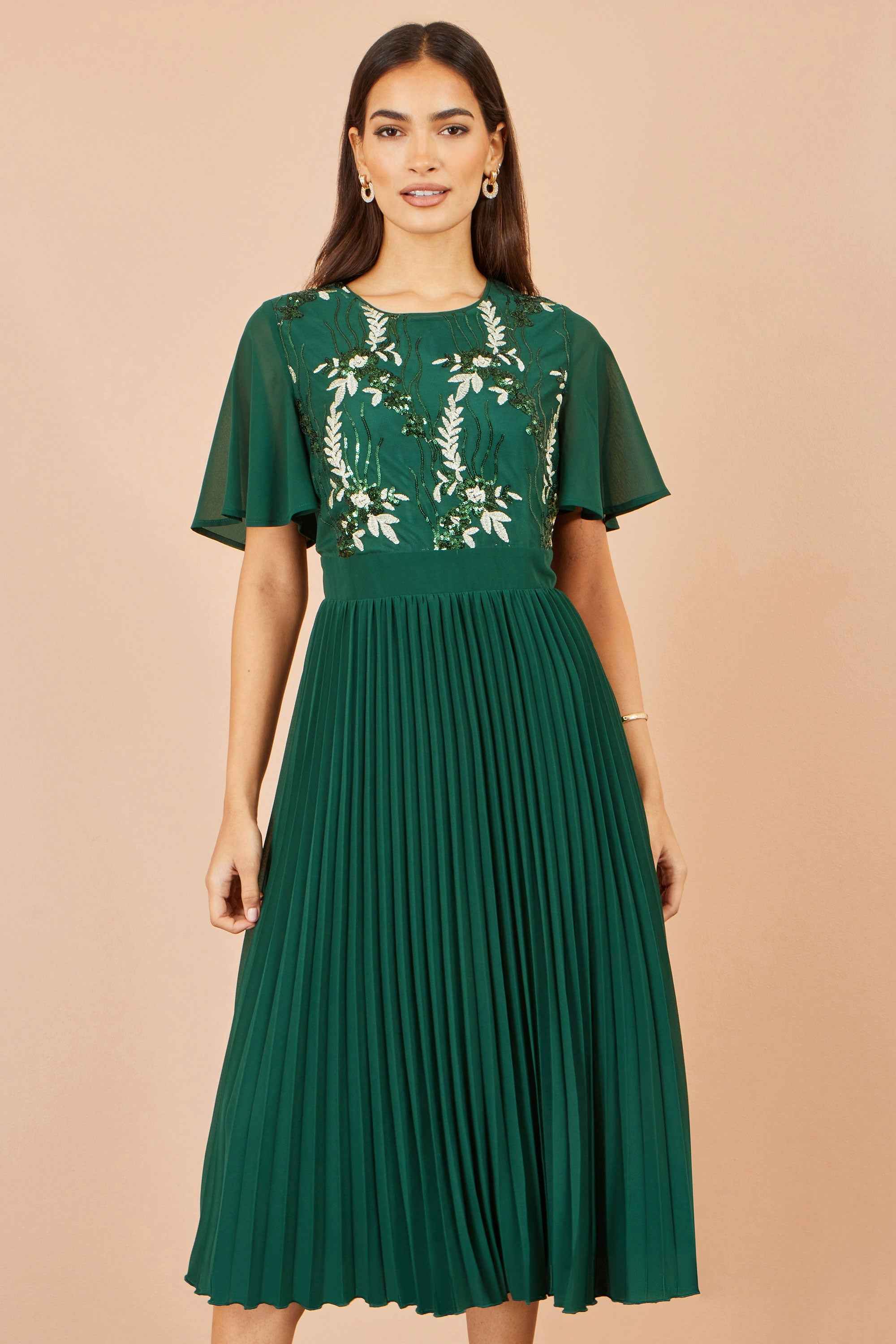 Yumi Green Sequin Embroidered Pleated Midi Dress