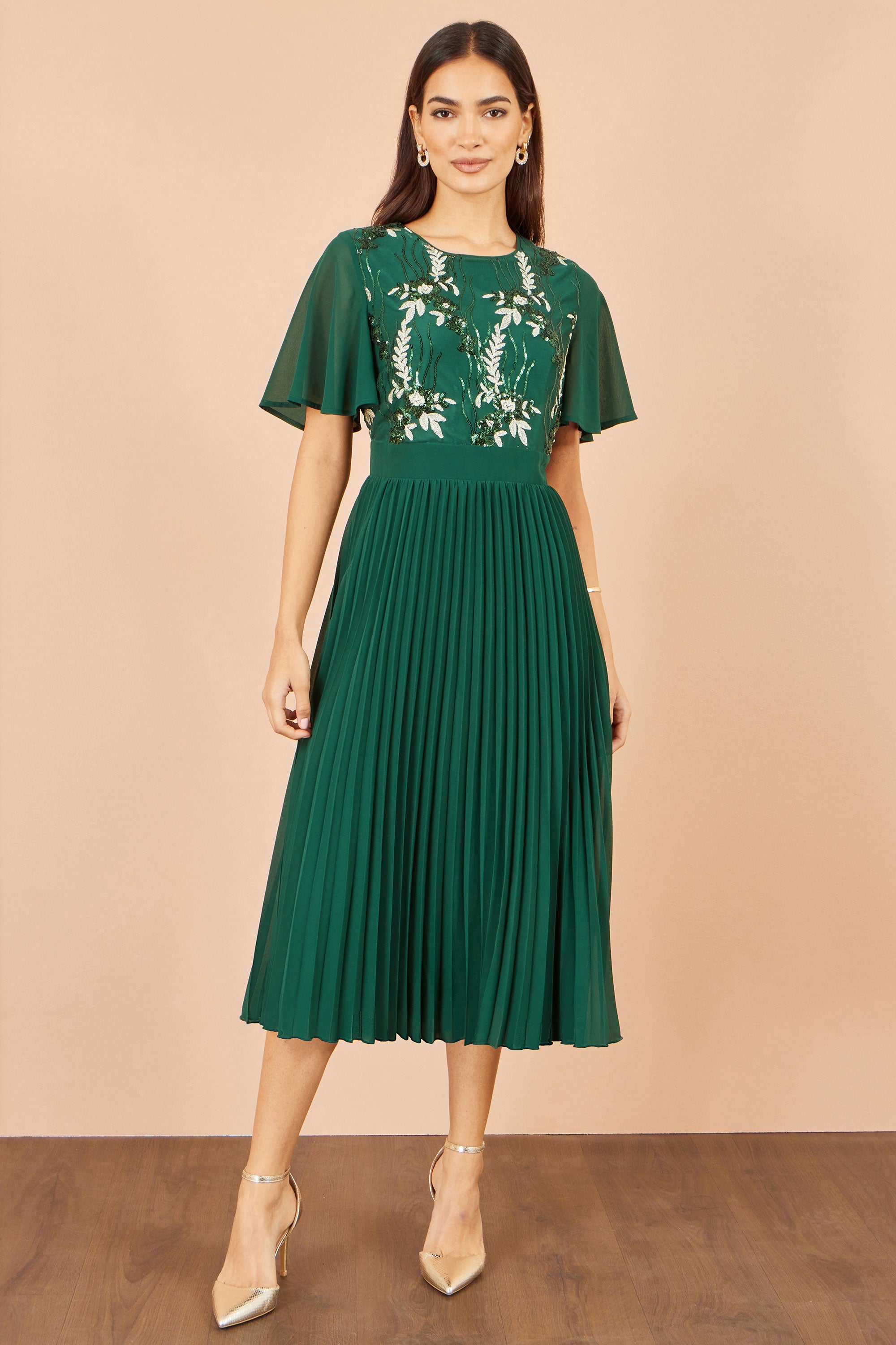 Yumi Green Sequin Embroidered Pleated Midi Dress