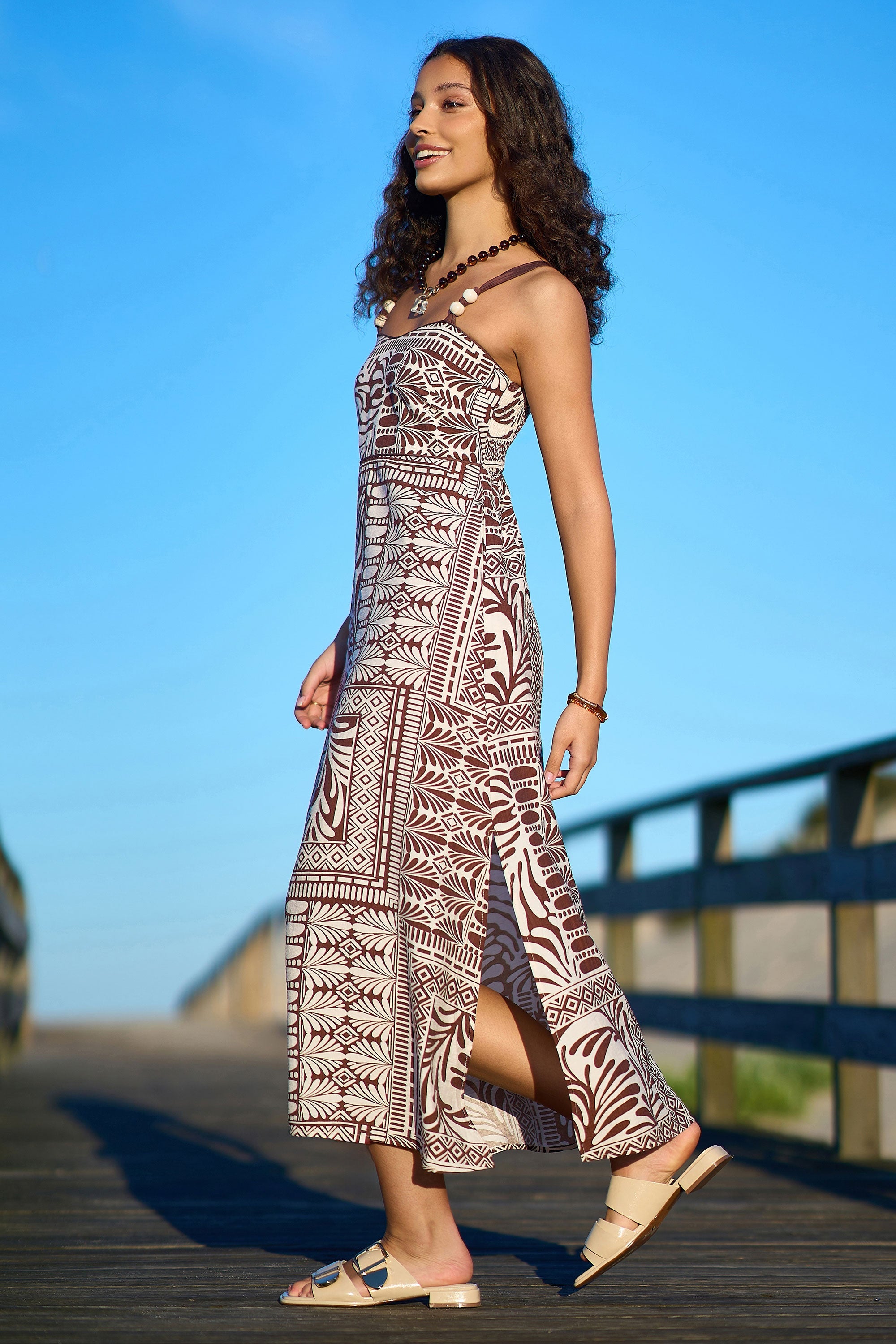 Yumi Brown Tile Print Maxi Dress With Bead Details