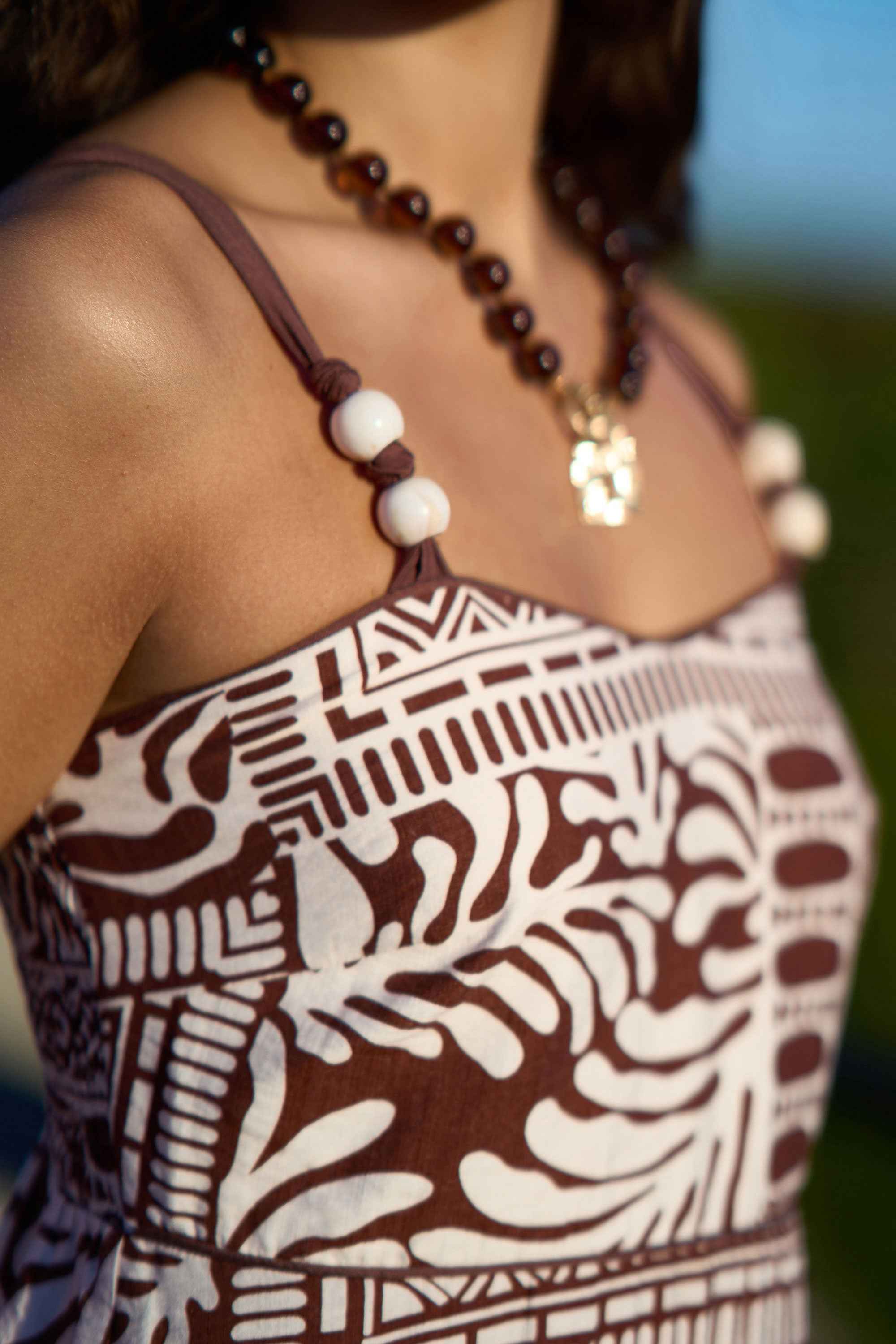 Yumi Brown Tile Print Maxi Dress With Bead Details