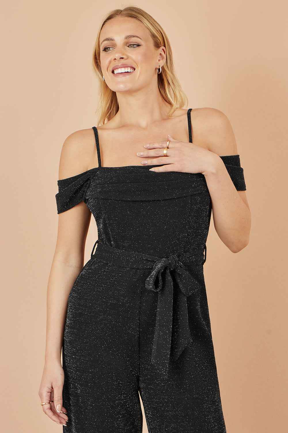 Yumi Black Sparkle Stretch Bardot Jumpsuit